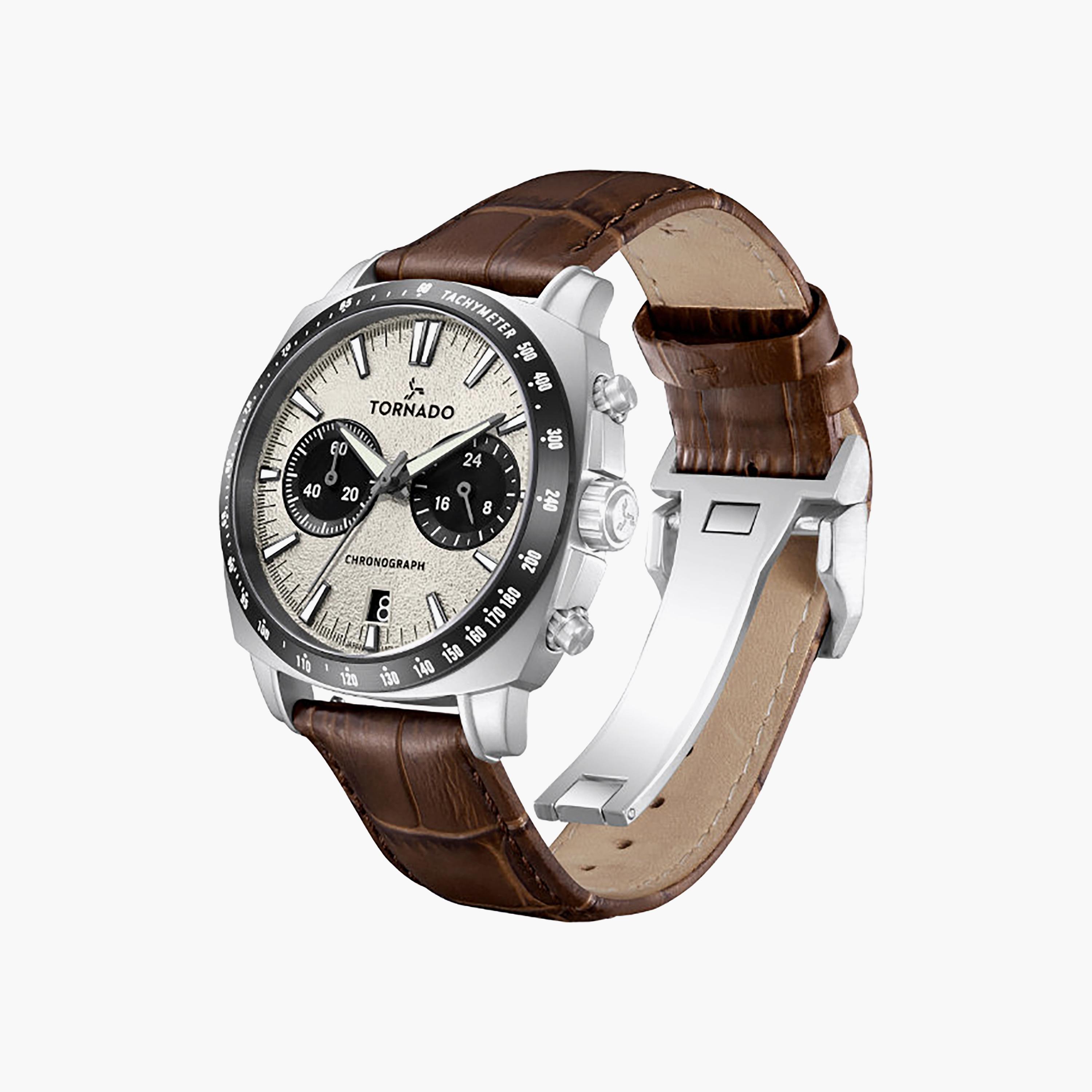 ساعة كرونوغراف جلد باللون البني 42 مم للرجال من تورنيدو | T25104S-SLDI-D-men-watchesandjewellery-watches-image-2