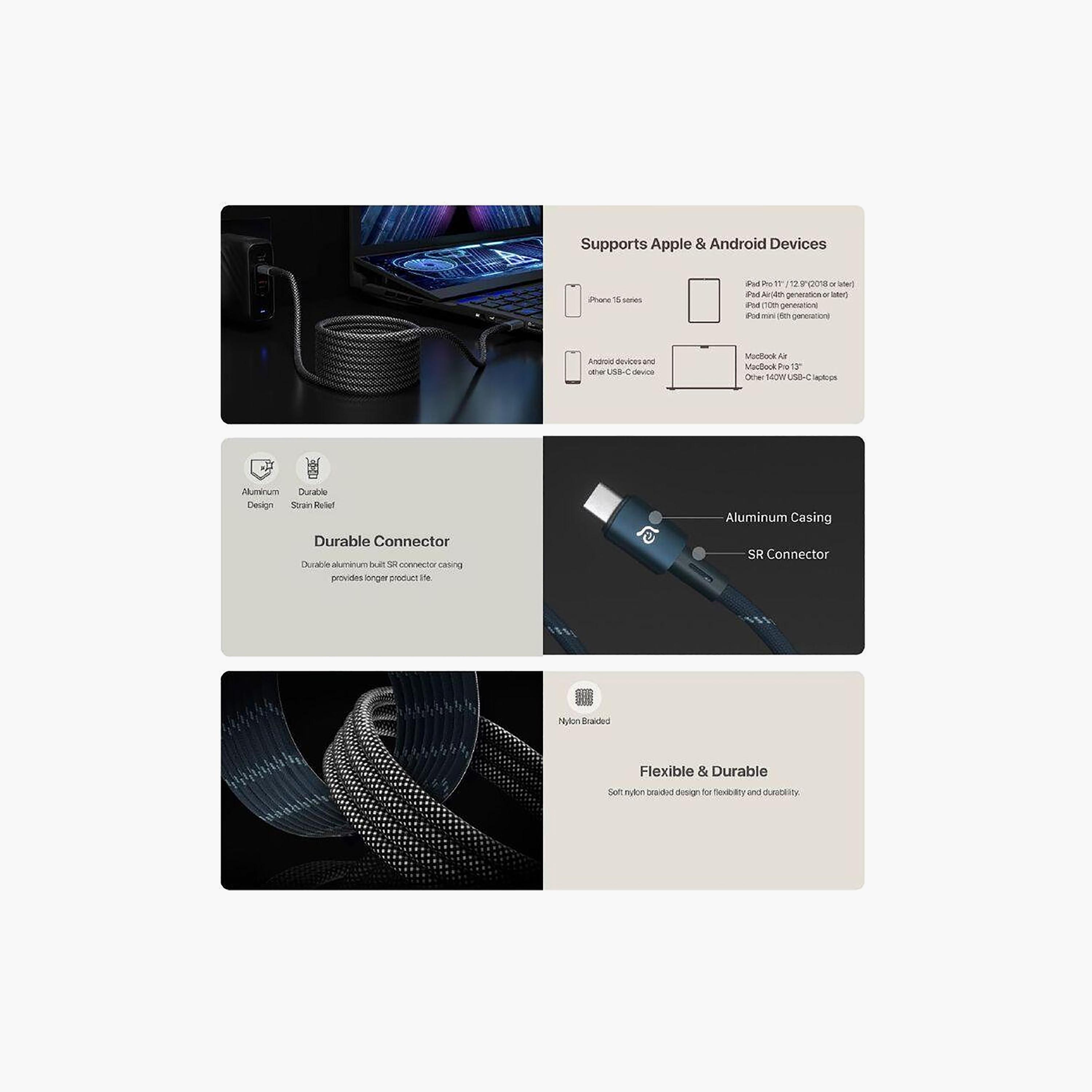 كابل شحن مغناطيسي "USB-C" إلى "USB-C" بقوة 240 واط، بطول 2 متر - أزرق من آدم إليمنتس-electronics-accessories-mobileaccesories-image-3