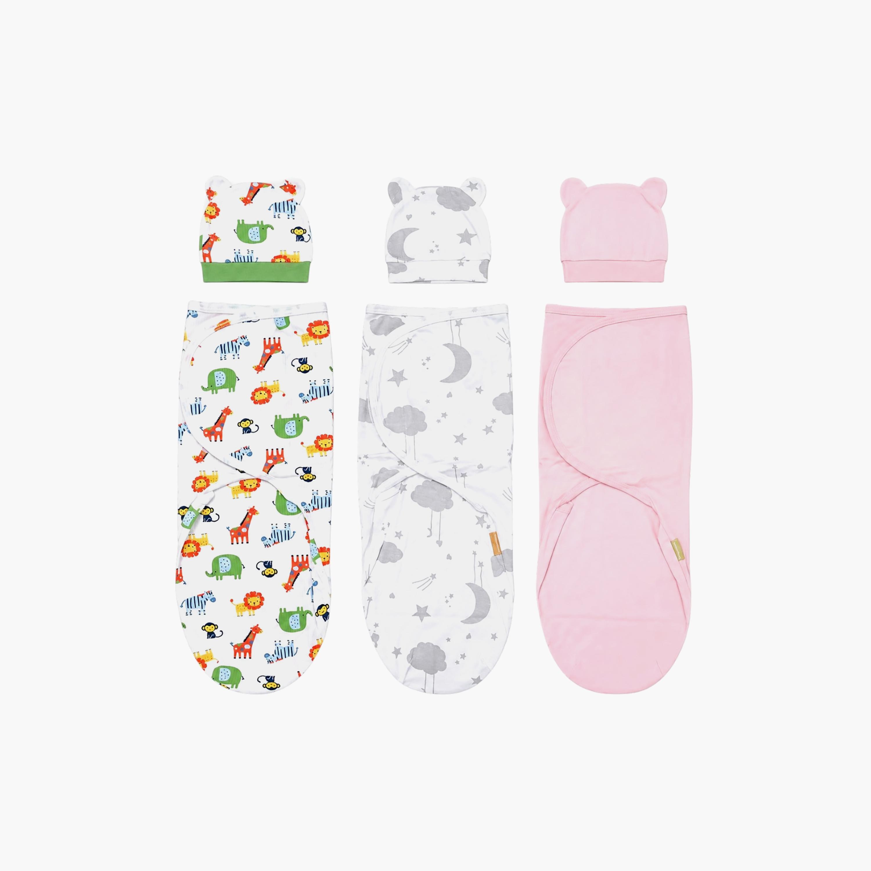 طقم أقمشة قماط قطنية ناعمة مع قبعات 3 قطع من كيندر فالي-baby-nursery-blanketsandswaddles-swaddlesandsleepingbags-image-1