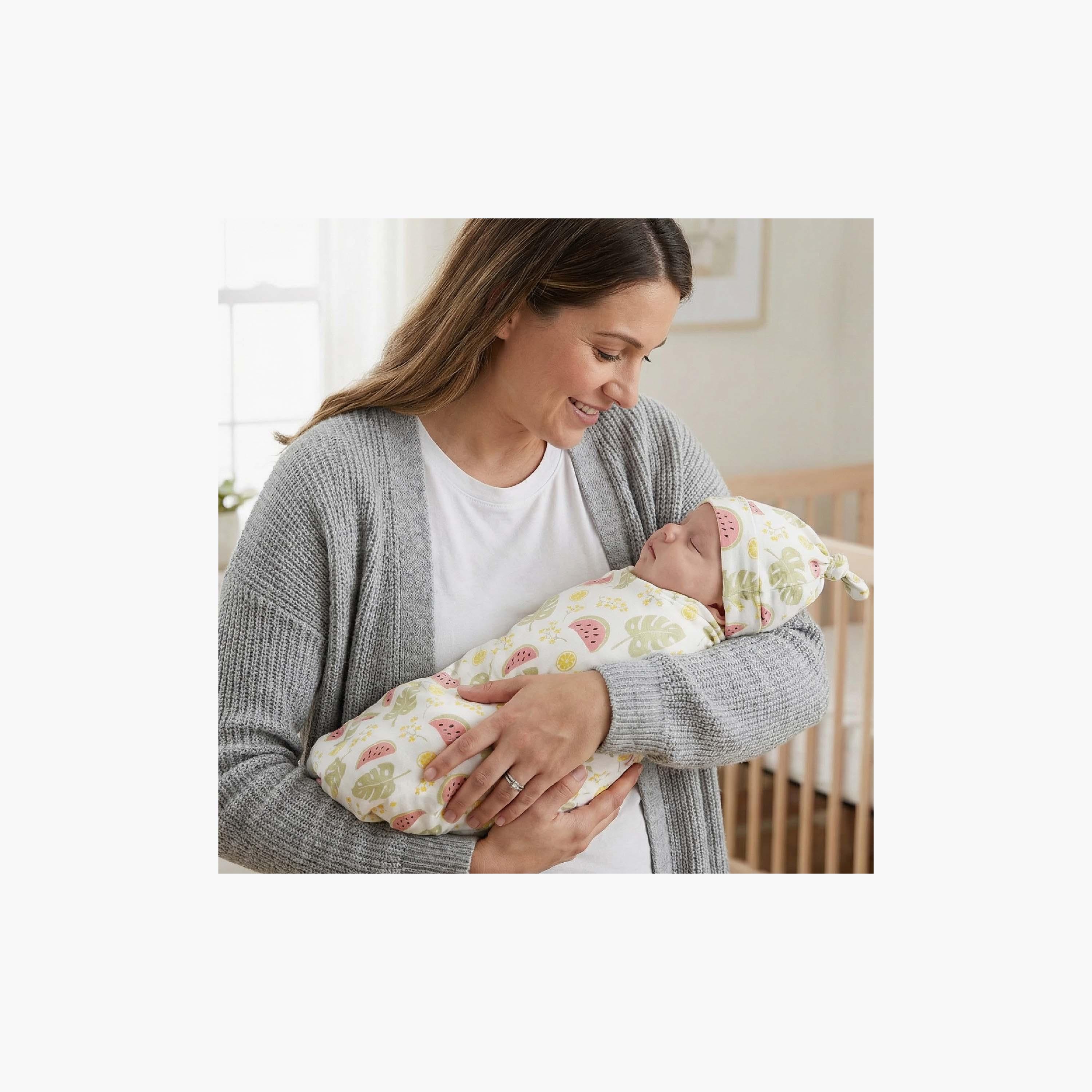 Moon 2-Piece Organic Cocoon Swaddle & Beanie Hat Set - Melon-baby-nursery-blanketsandswaddles-blanketsandquilts-image-3