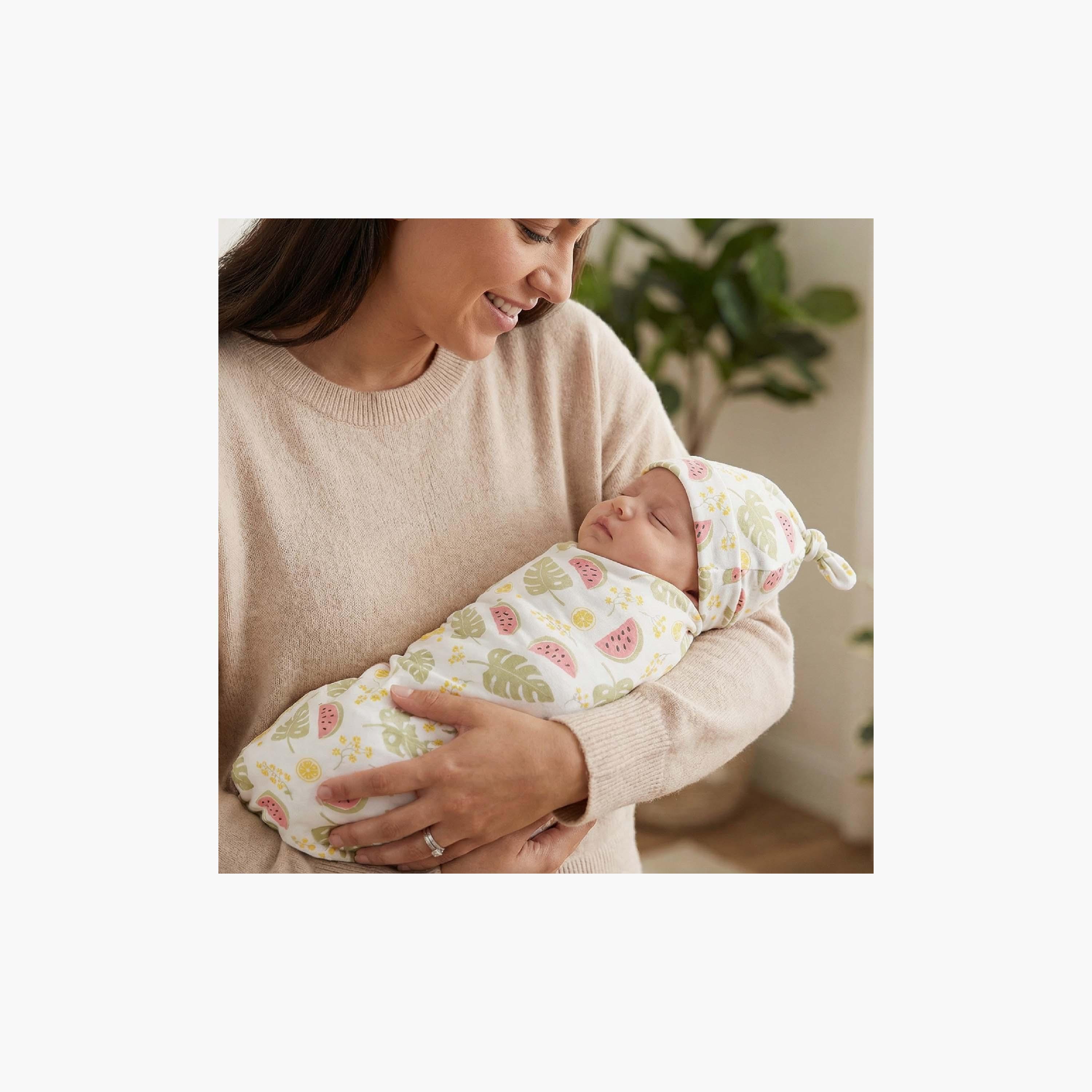 Moon 2-Piece Organic Cocoon Swaddle & Beanie Hat Set - Melon-baby-nursery-blanketsandswaddles-blanketsandquilts-image-5