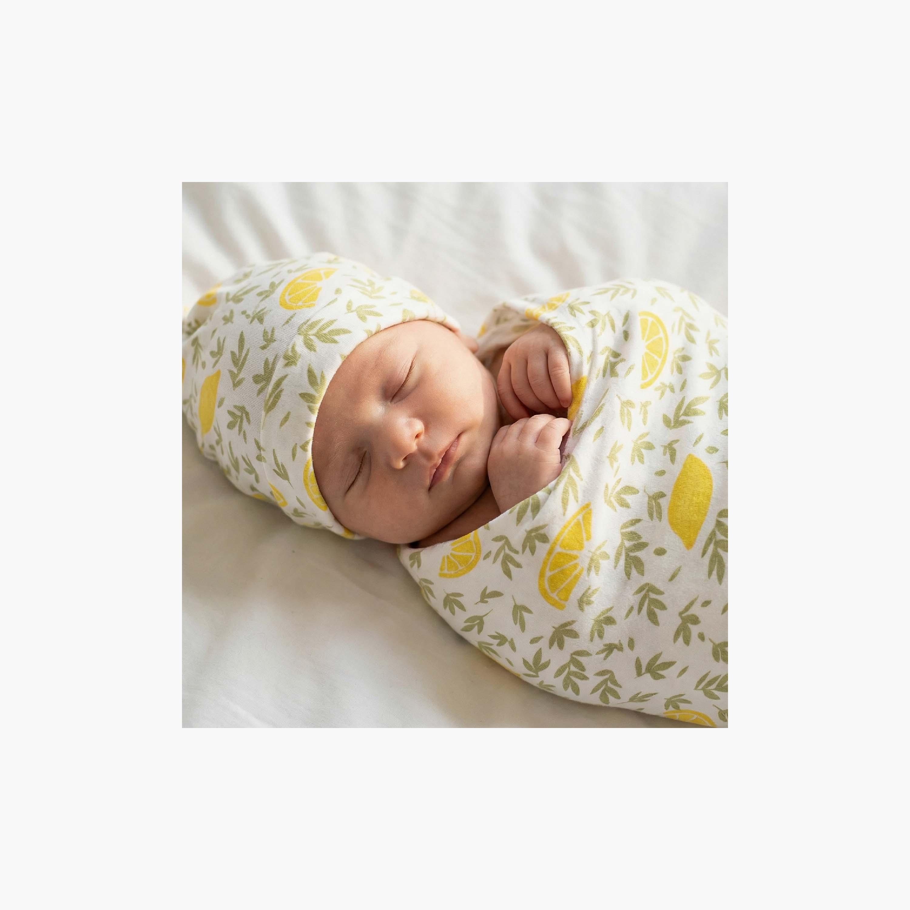 Moon 2-Piece Organic Cocoon Swaddle & Beanie Hat Set - Lemon-baby-nursery-blanketsandswaddles-blanketsandquilts-image-4