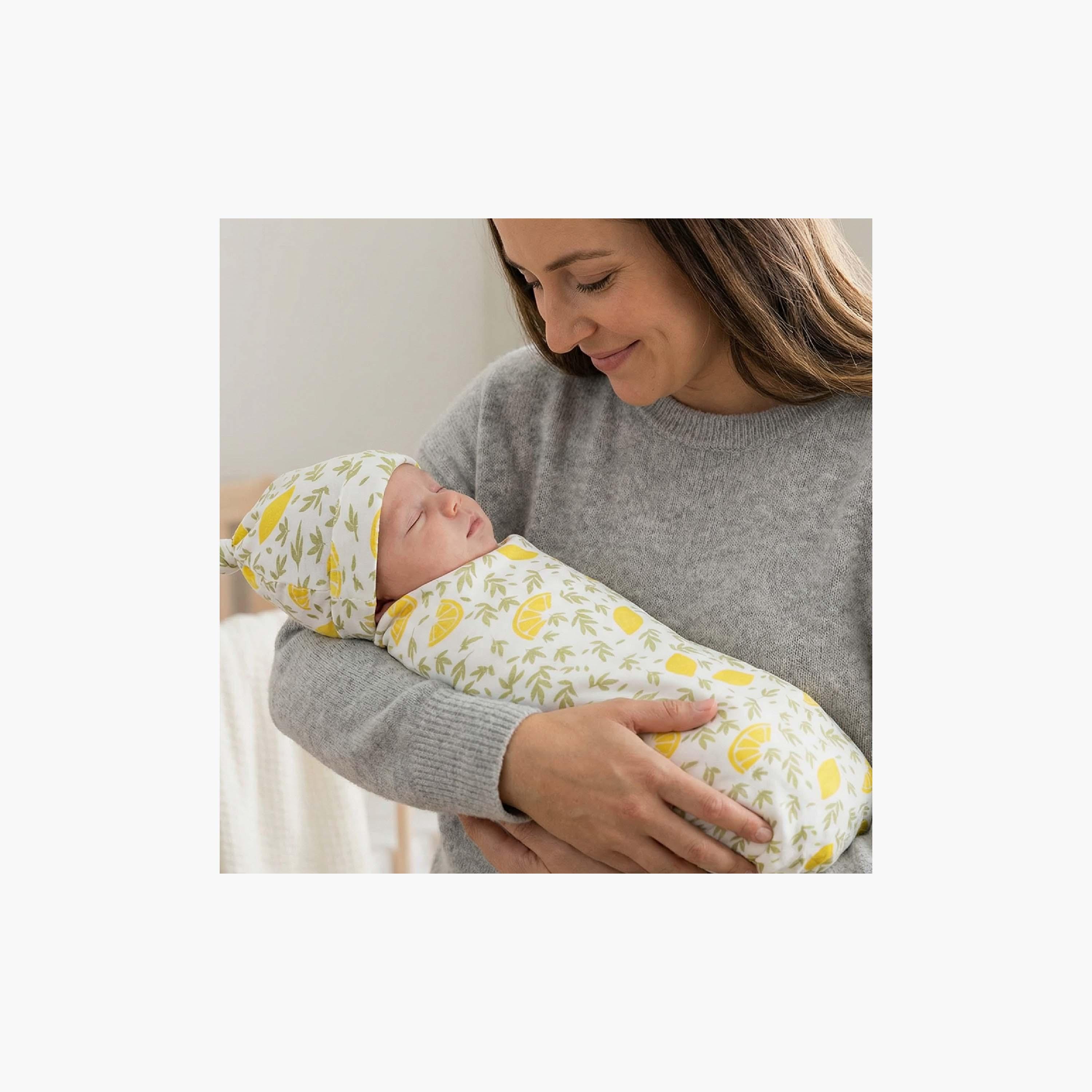 Moon 2-Piece Organic Cocoon Swaddle & Beanie Hat Set - Lemon-baby-nursery-blanketsandswaddles-blanketsandquilts-image-5
