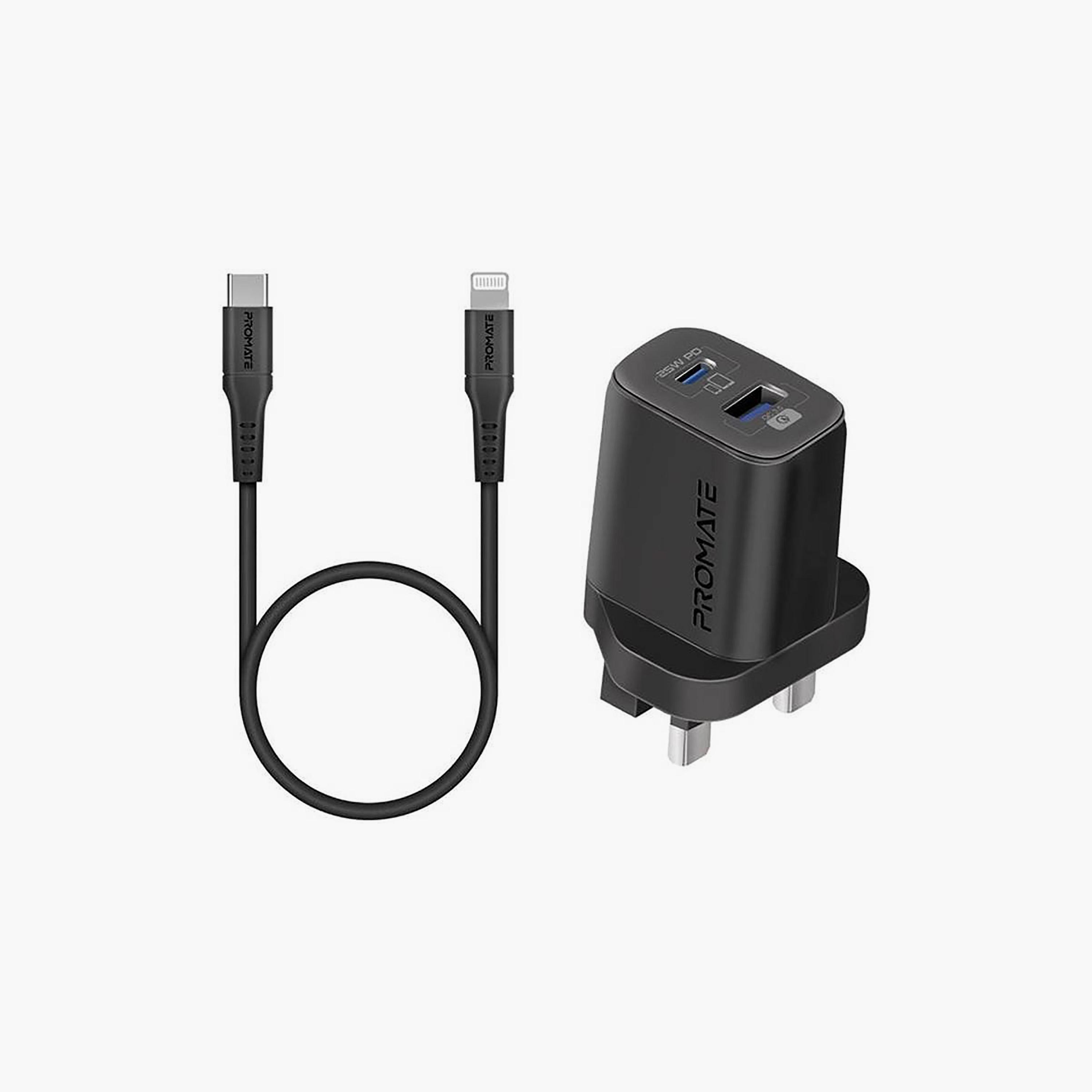 Promate 25W PD Dual Port Charger with USB-C to Lightning Cable Black | ChargeKit-25PDi-electronics-accessories-mobileaccesories-image-1