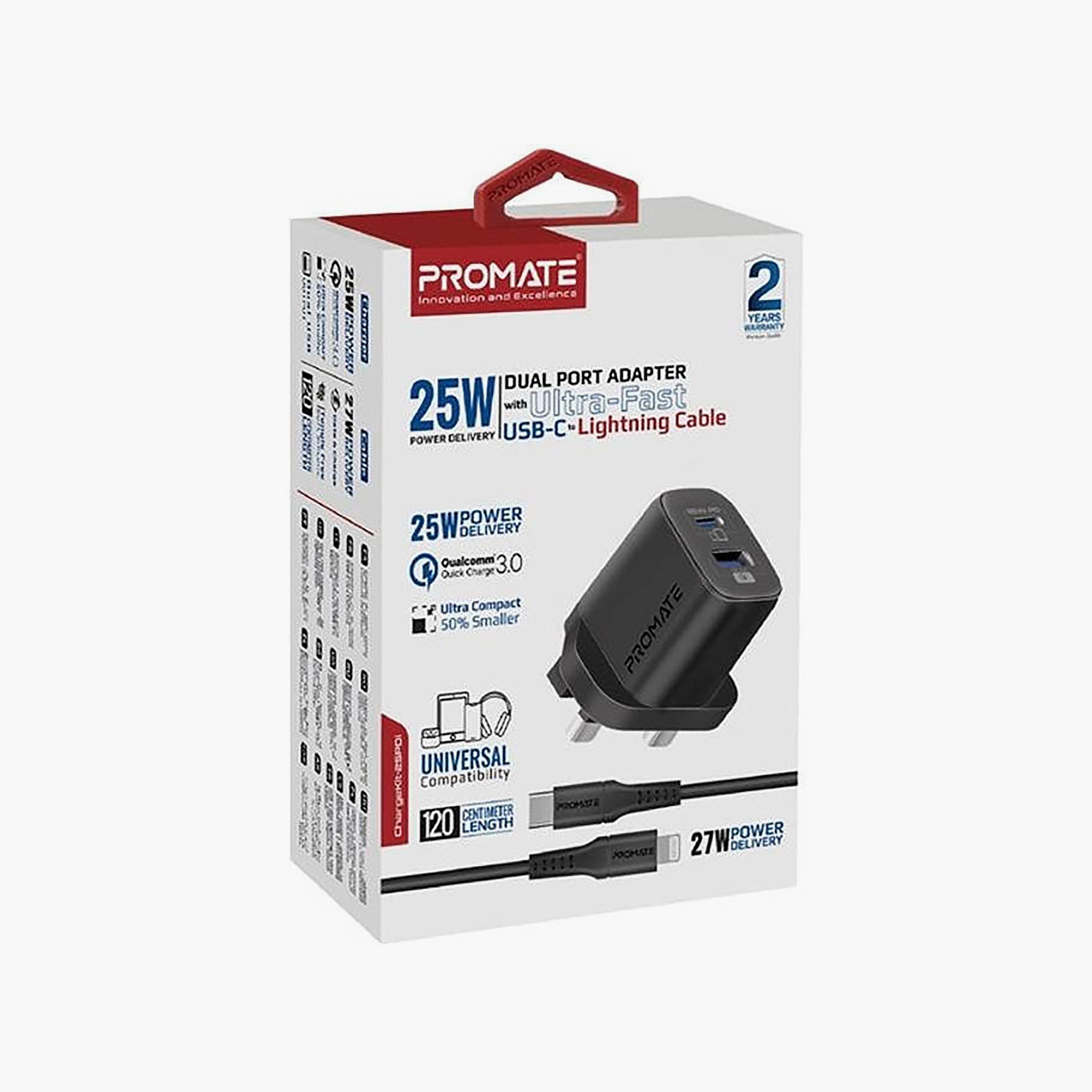 Promate 25W PD Dual Port Charger with USB-C to Lightning Cable Black | ChargeKit-25PDi-electronics-accessories-mobileaccesories-image-2