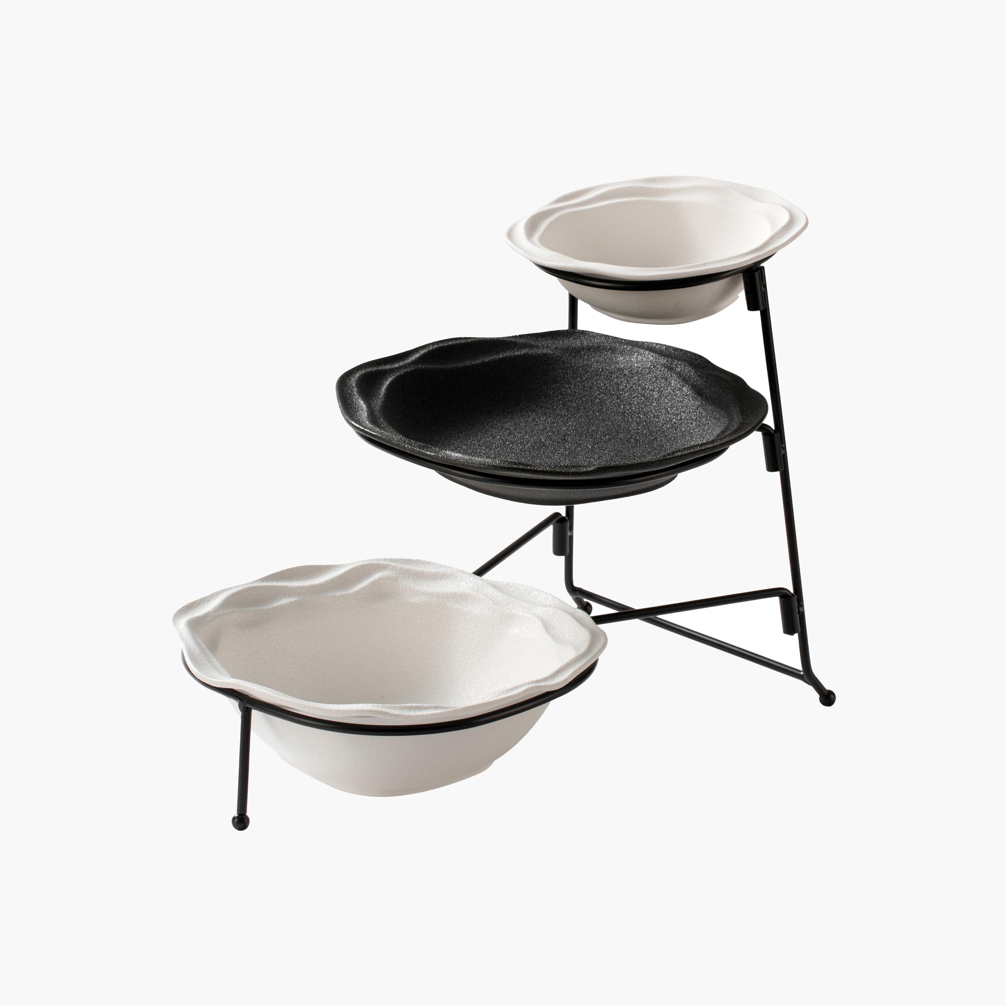 Shallow 3-Tier Porcelain Bowl Set with Stand