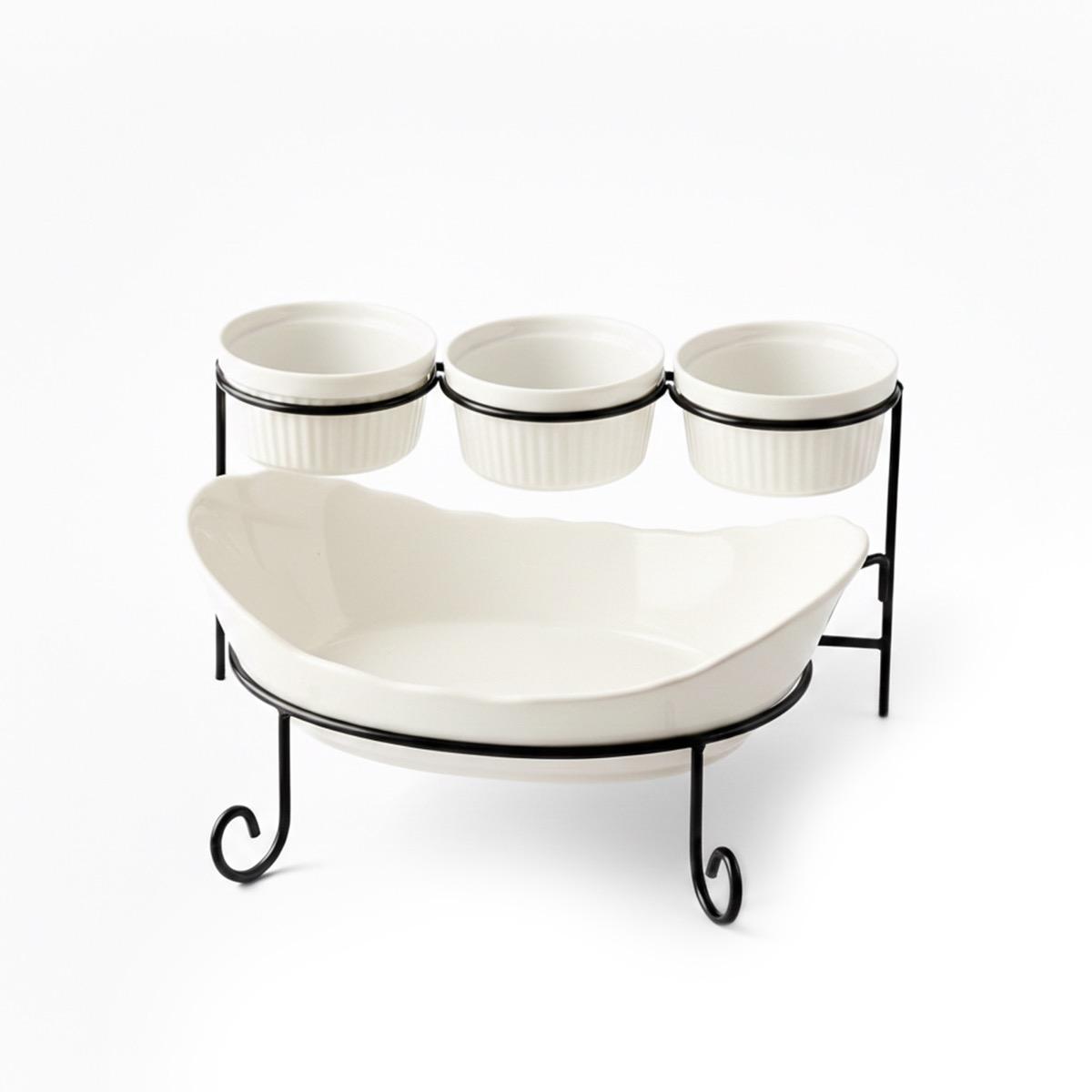 Shallow 4-Piece Porcelain Serving Platter and Bowl Set with Stand