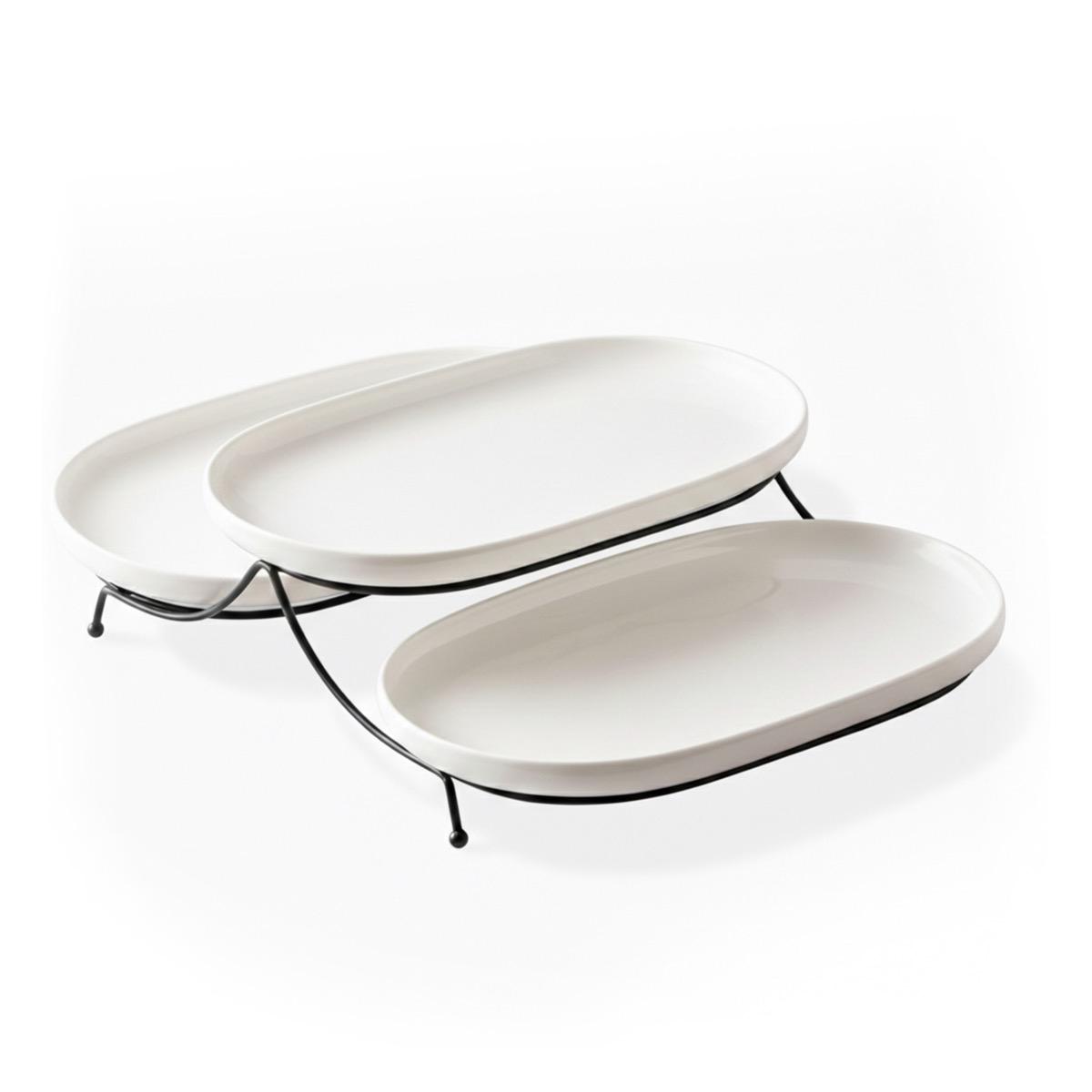 Shallow 3-Piece Porcelain Serving Platter Set with Stand