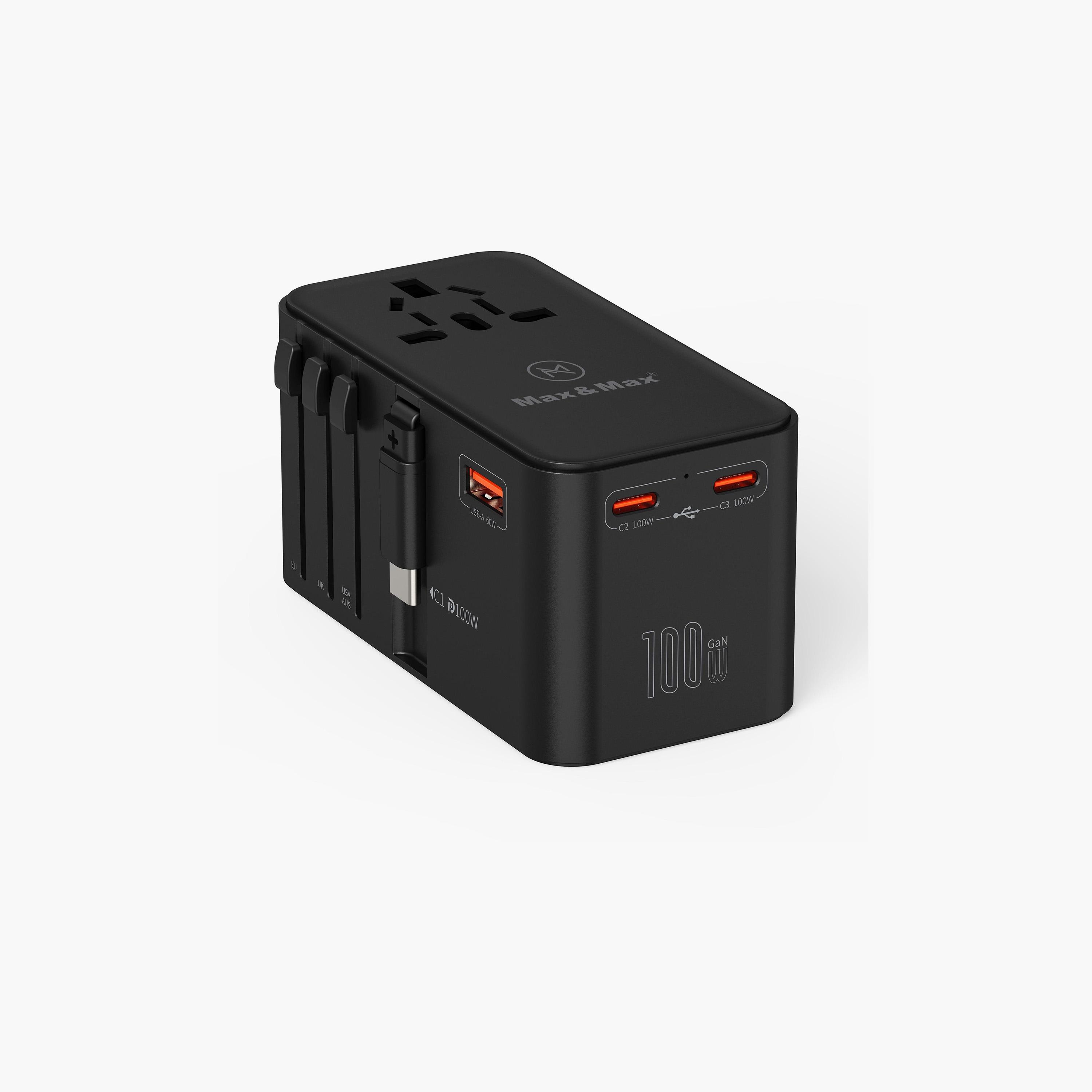 Max & Max GAN 100W Universal Travel Adapter Retractable Cable PD, 3x Type-C + USB-A | MXUG100WA-electronics-portabledevices-image-1