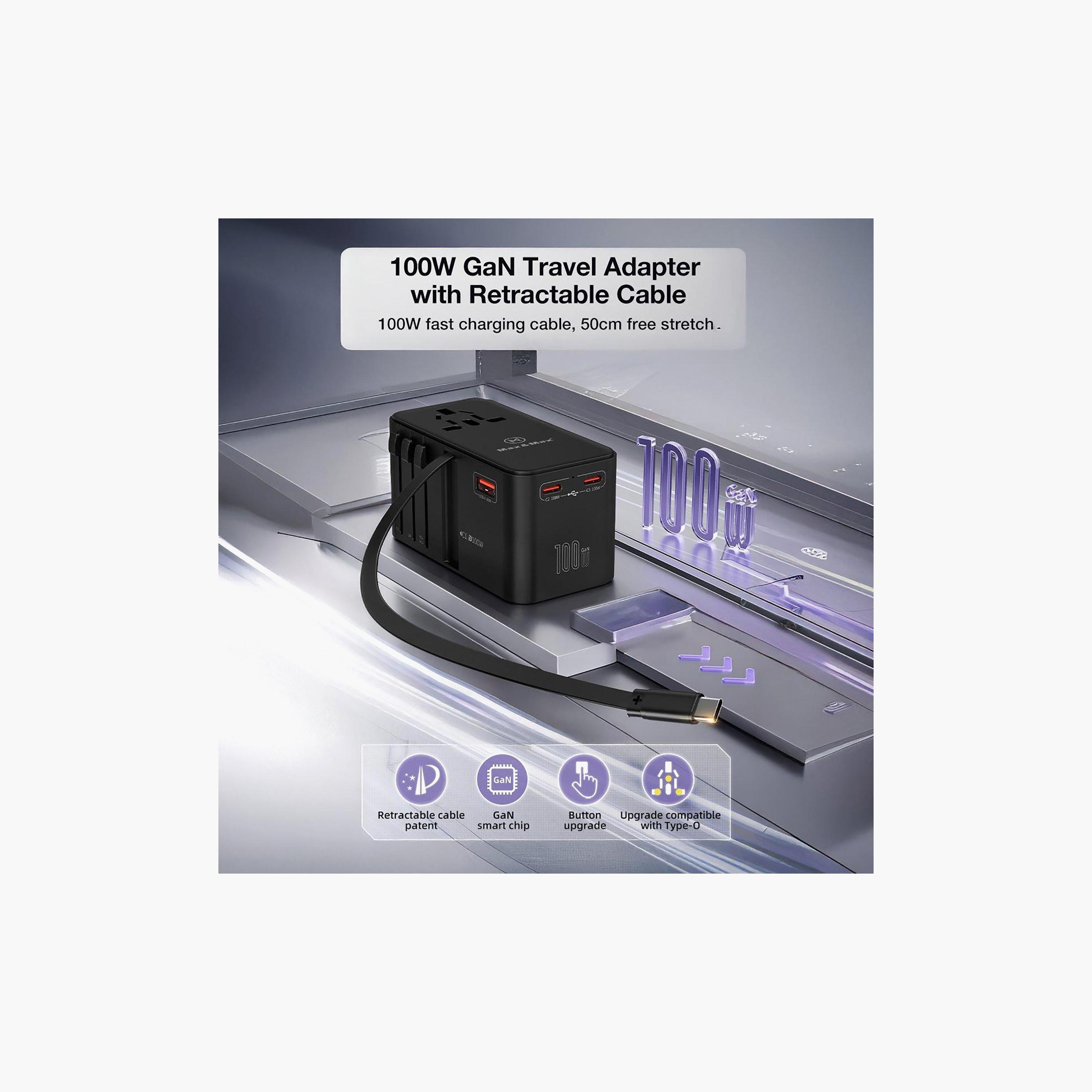 Max & Max GAN 100W Universal Travel Adapter Retractable Cable PD, 3x Type-C + USB-A | MXUG100WA-electronics-portabledevices-image-3