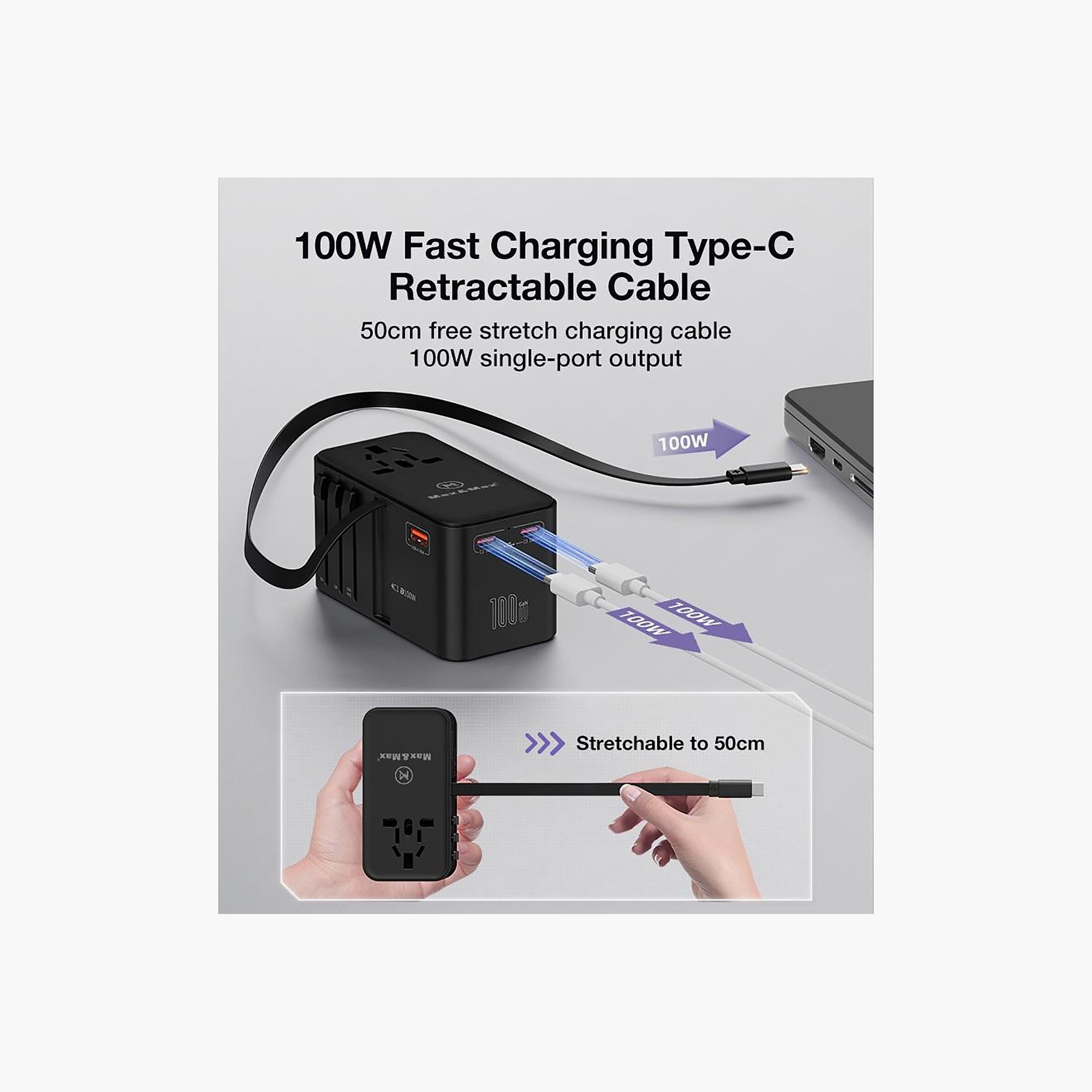 Max & Max GAN 100W Universal Travel Adapter Retractable Cable PD, 3x Type-C + USB-A | MXUG100WA-electronics-portabledevices-image-4