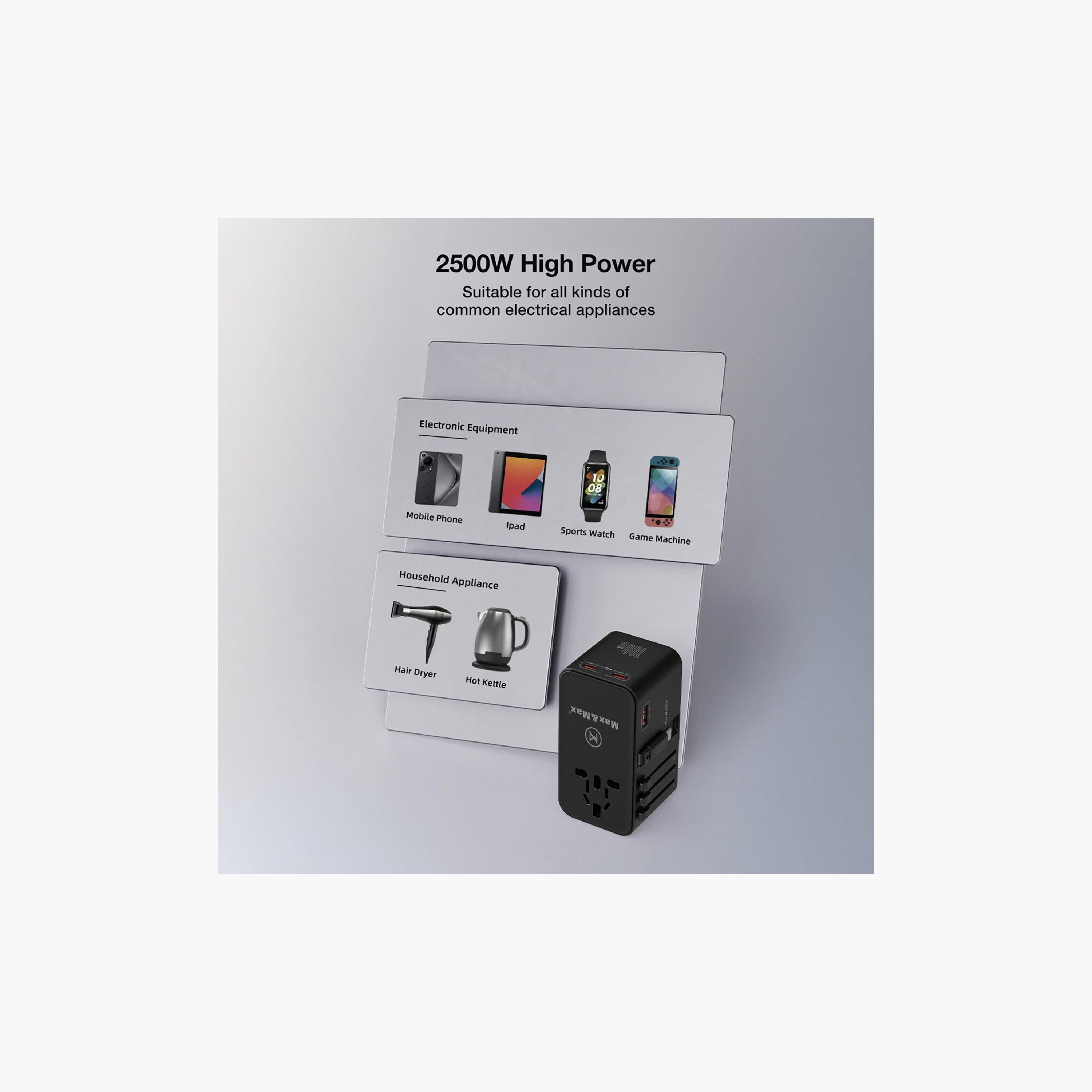 Max & Max GAN 100W Universal Travel Adapter Retractable Cable PD, 3x Type-C + USB-A | MXUG100WA-electronics-portabledevices-image-7