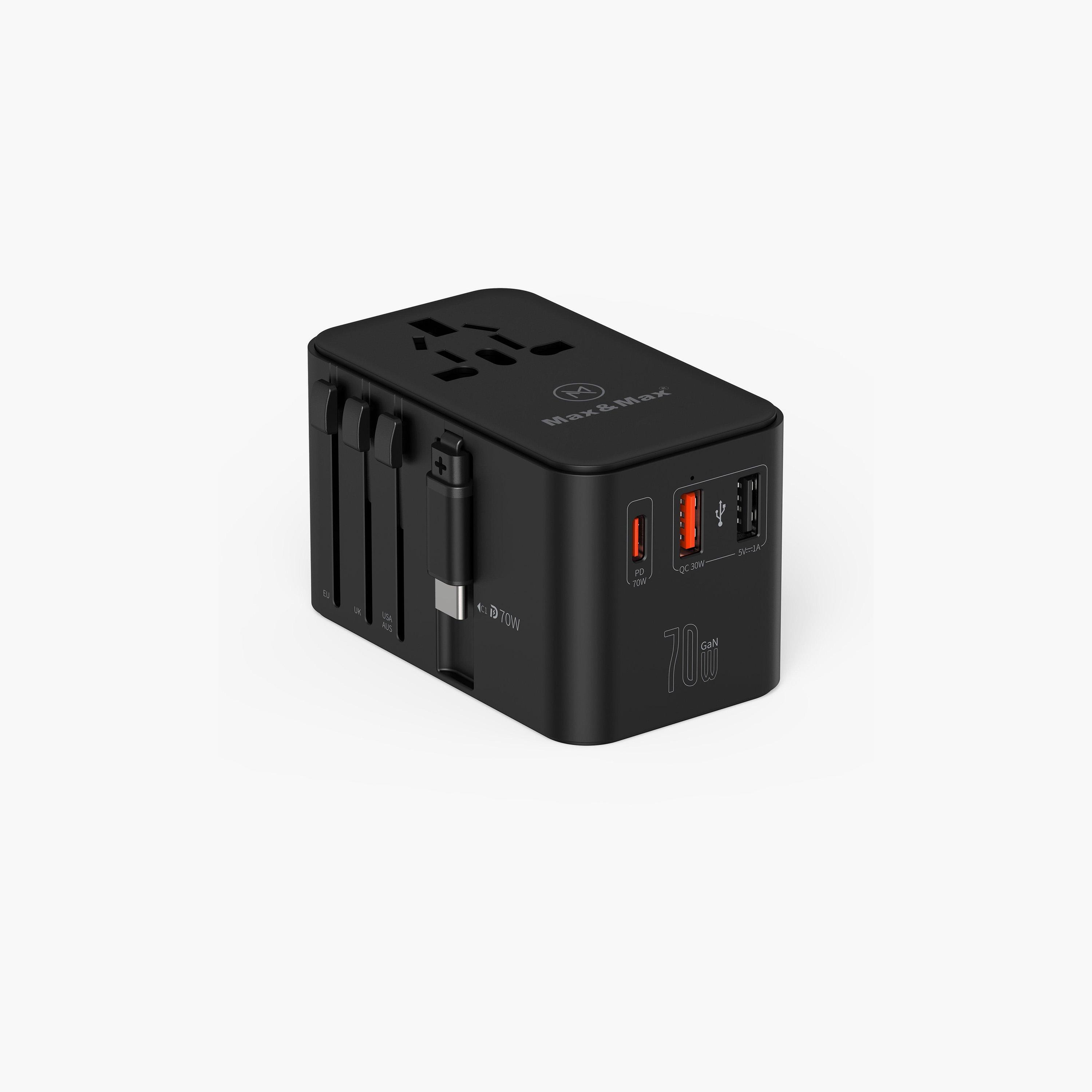 Max & Max GAN 70W Universal Travel Adapter MXUG70WA w/ Retractable Cable PD, Type-C + 2USB-A-electronics-portabledevices-image-1