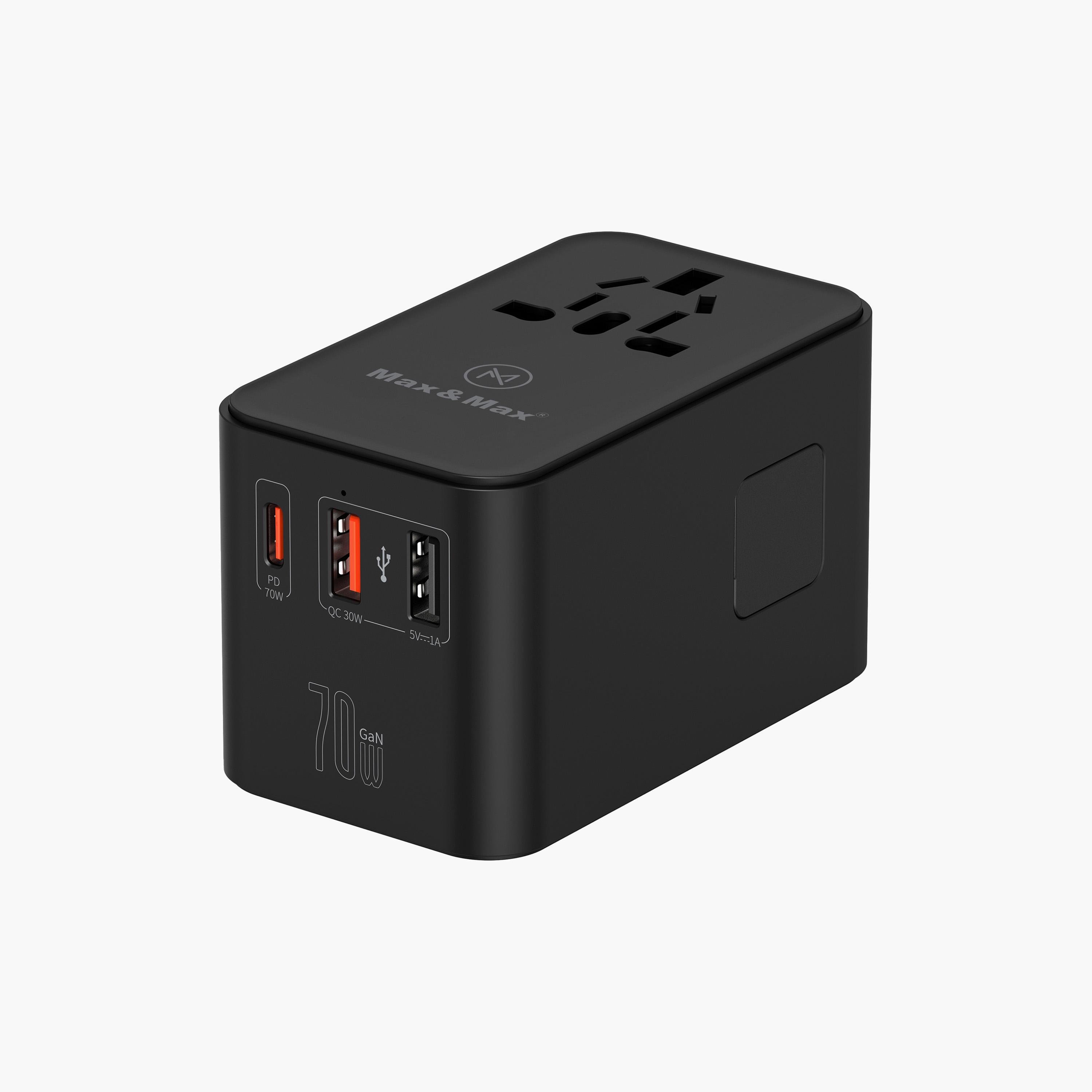 Max & Max GAN 70W Universal Travel Adapter MXUG70WA w/ Retractable Cable PD, Type-C + 2USB-A-electronics-portabledevices-image-2