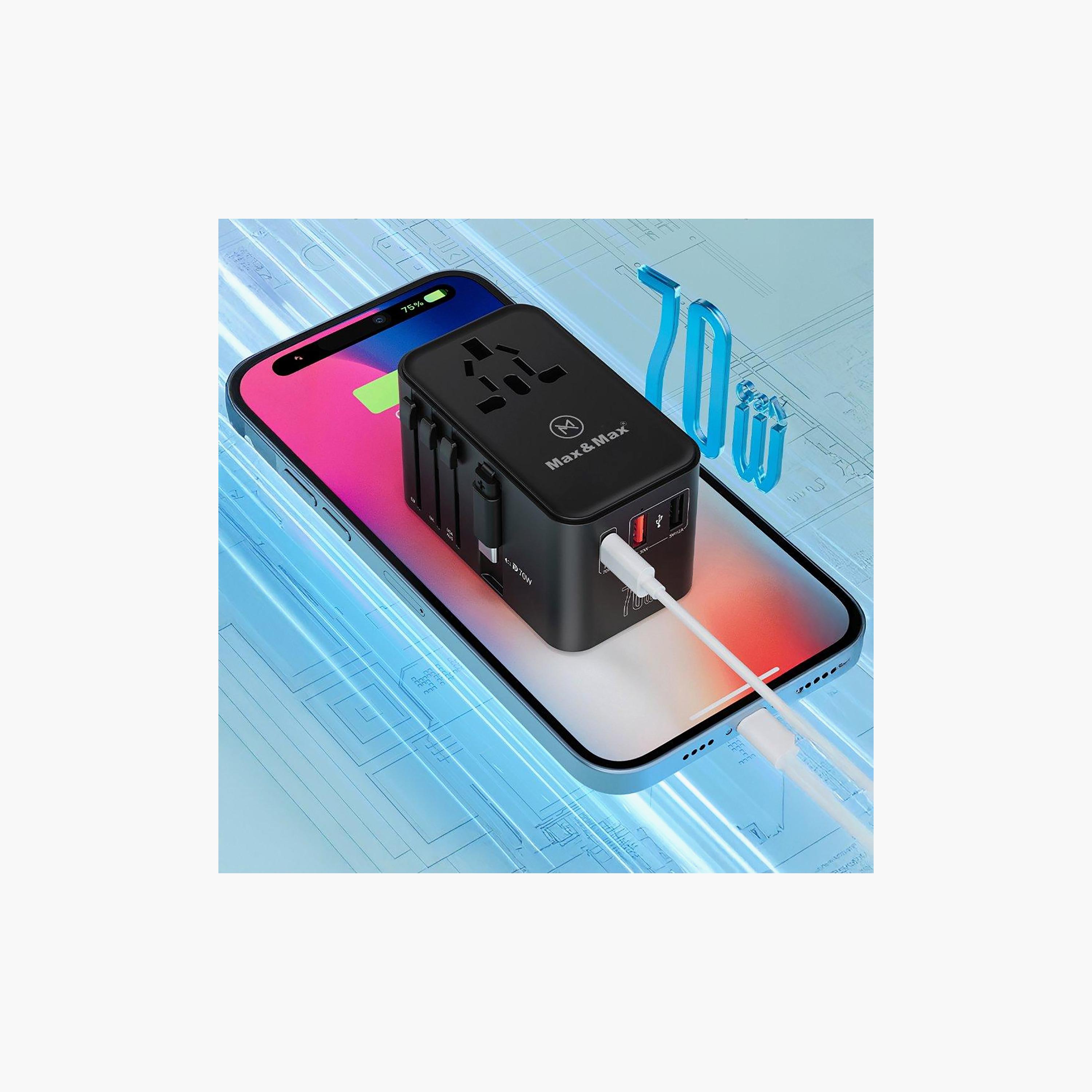 Max & Max GAN 70W Universal Travel Adapter MXUG70WA w/ Retractable Cable PD, Type-C + 2USB-A-electronics-portabledevices-image-3