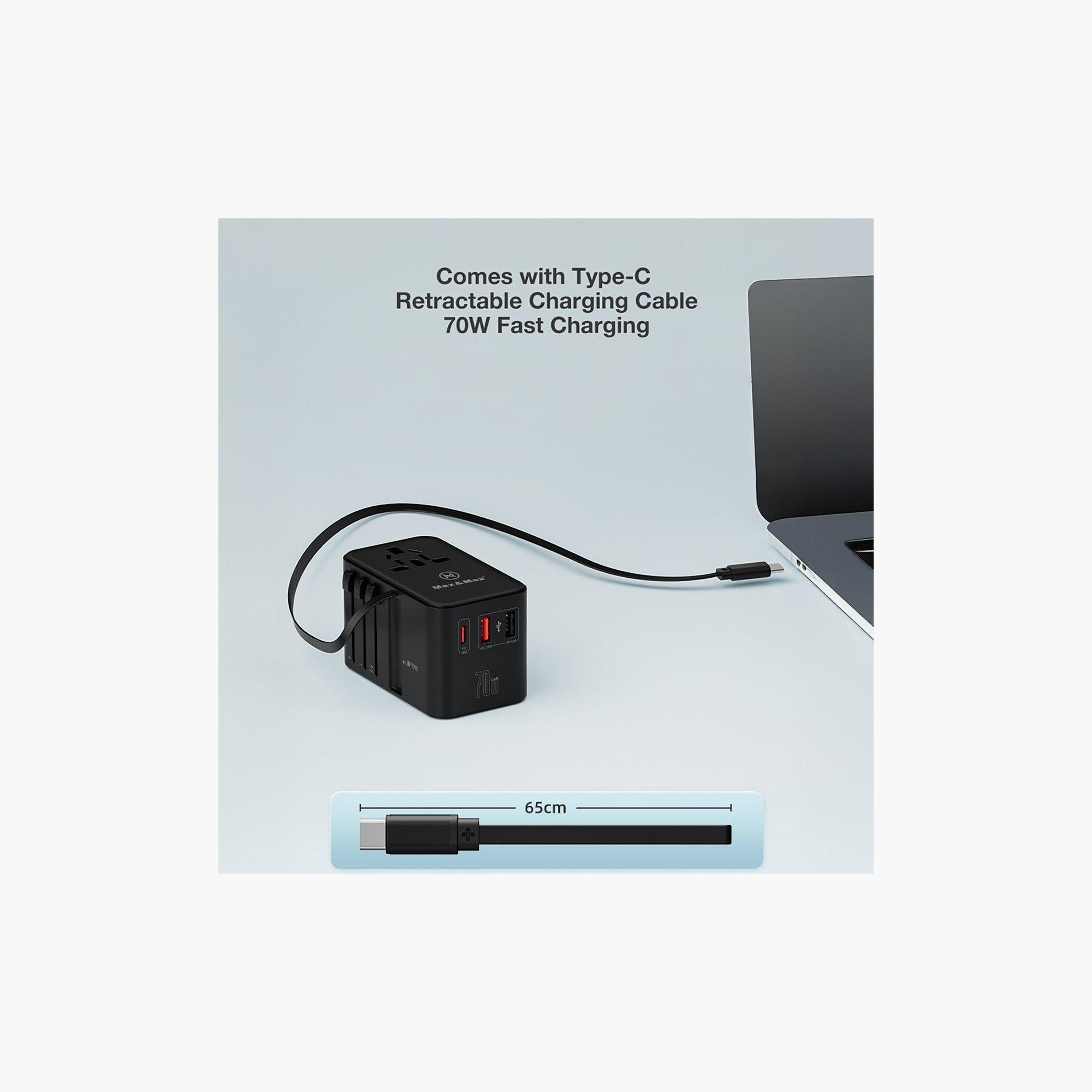 Max & Max GAN 70W Universal Travel Adapter MXUG70WA w/ Retractable Cable PD, Type-C + 2USB-A-electronics-portabledevices-image-5