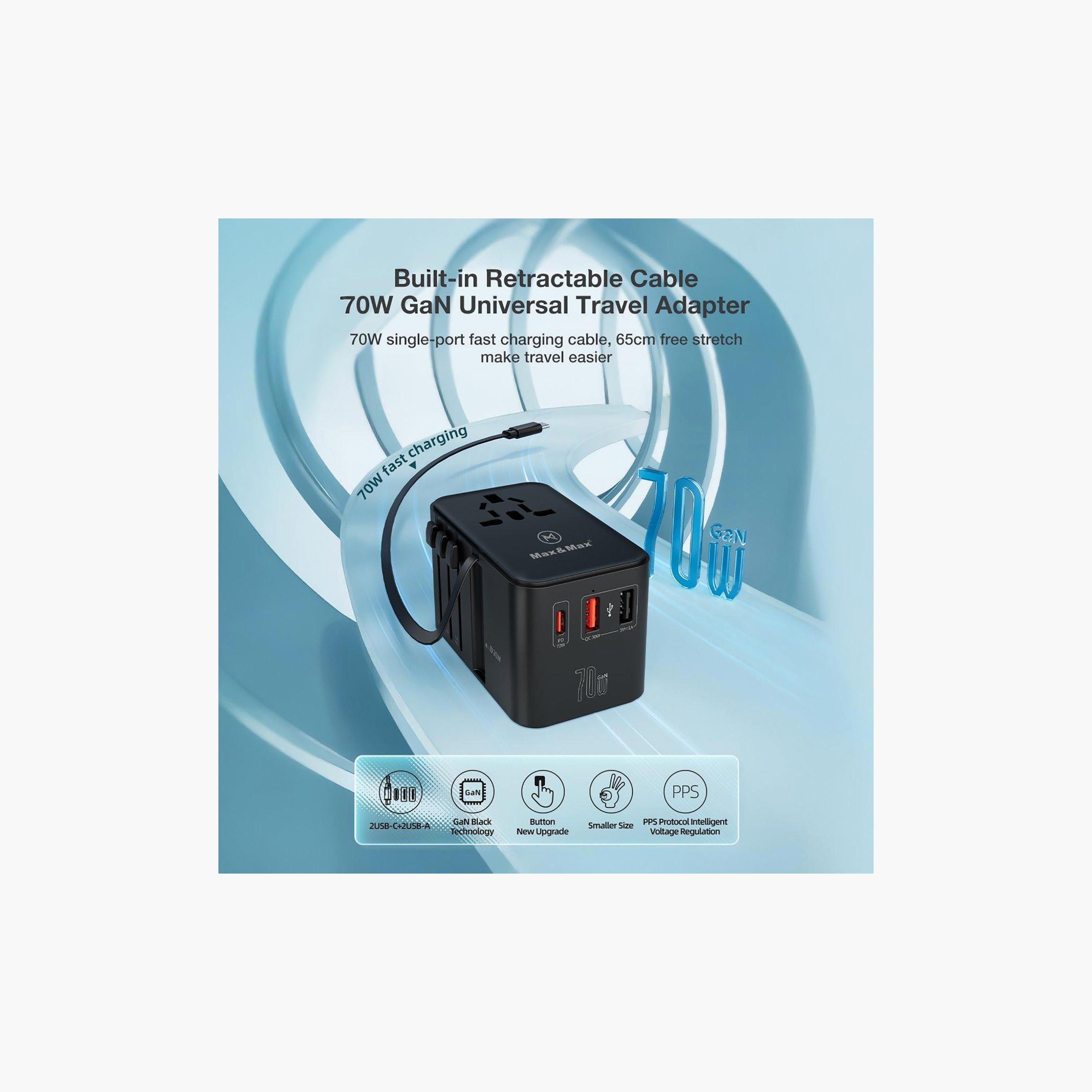 Max & Max GAN 70W Universal Travel Adapter MXUG70WA w/ Retractable Cable PD, Type-C + 2USB-A-electronics-portabledevices-image-7