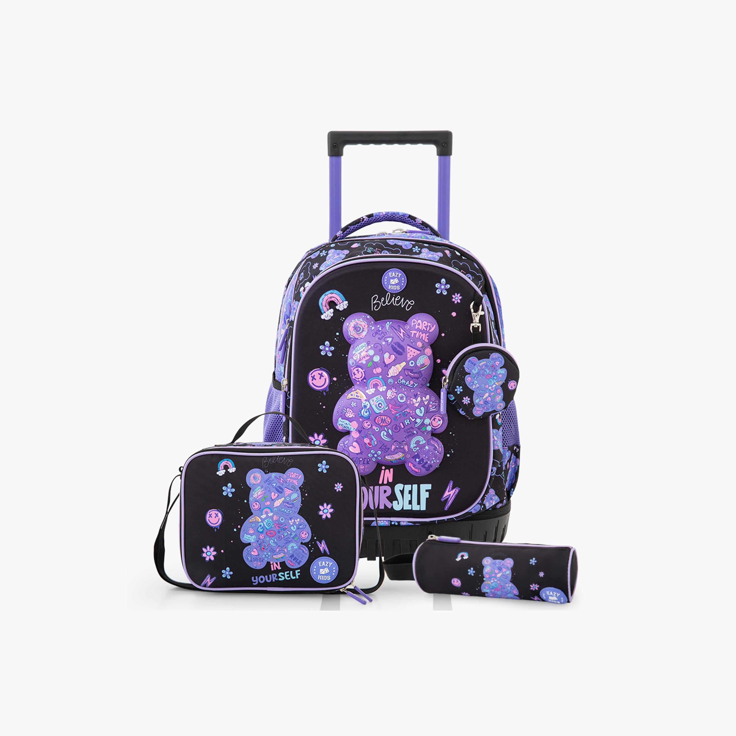 Eazy Kids 3-Piece Trolley School Bag Set with Laptop Compartment - Teddy Black - 18 Inch-school-bagsandbackpacks-backpacks-image-1