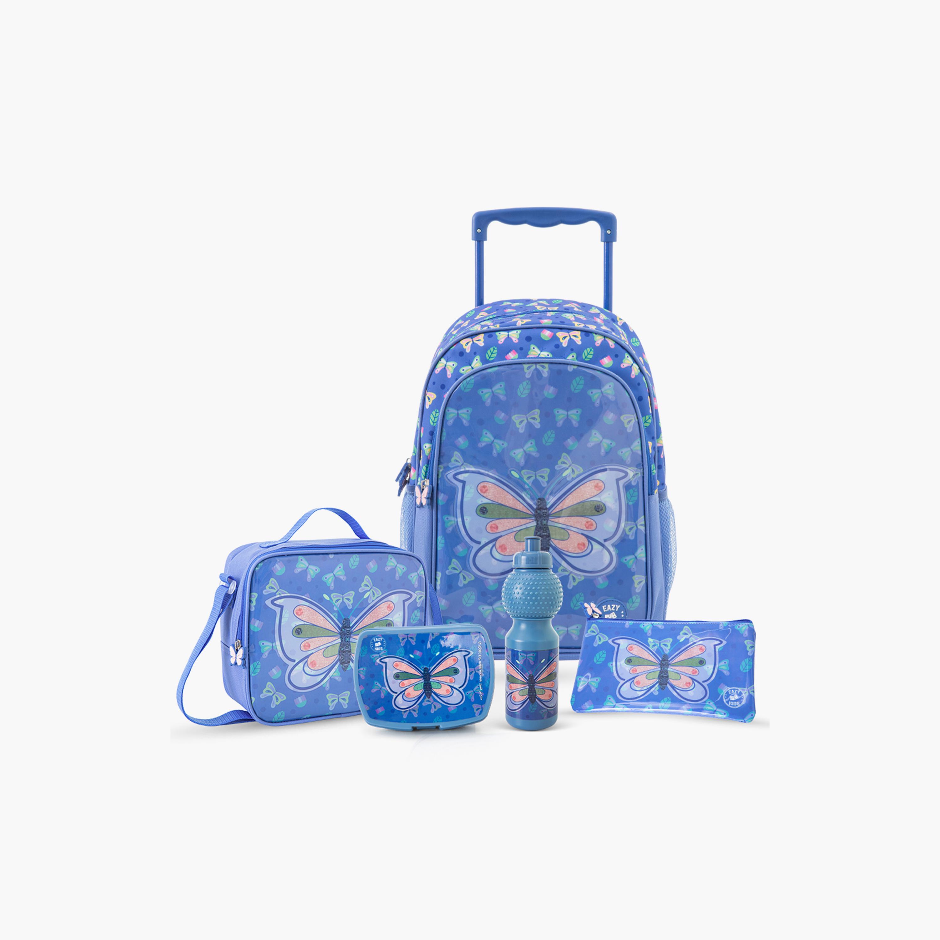 Eazy Kids 5-Piece Trolley School Bag Set with Wheels - Butterfly Blue - 17 Inch-school-bagsandbackpacks-backpacks-image-1