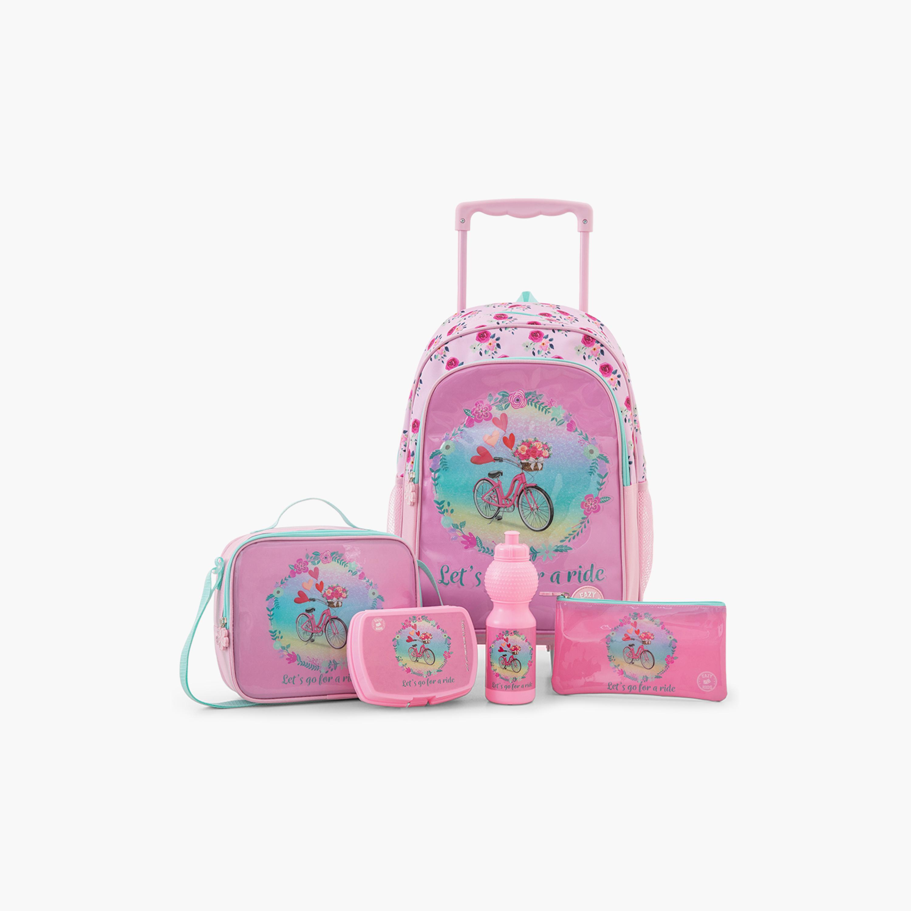 Eazy Kids 5-Piece Trolley School Bag Set with Wheels - Cycle Pink - 17 Inch-school-bagsandbackpacks-backpacks-image-1