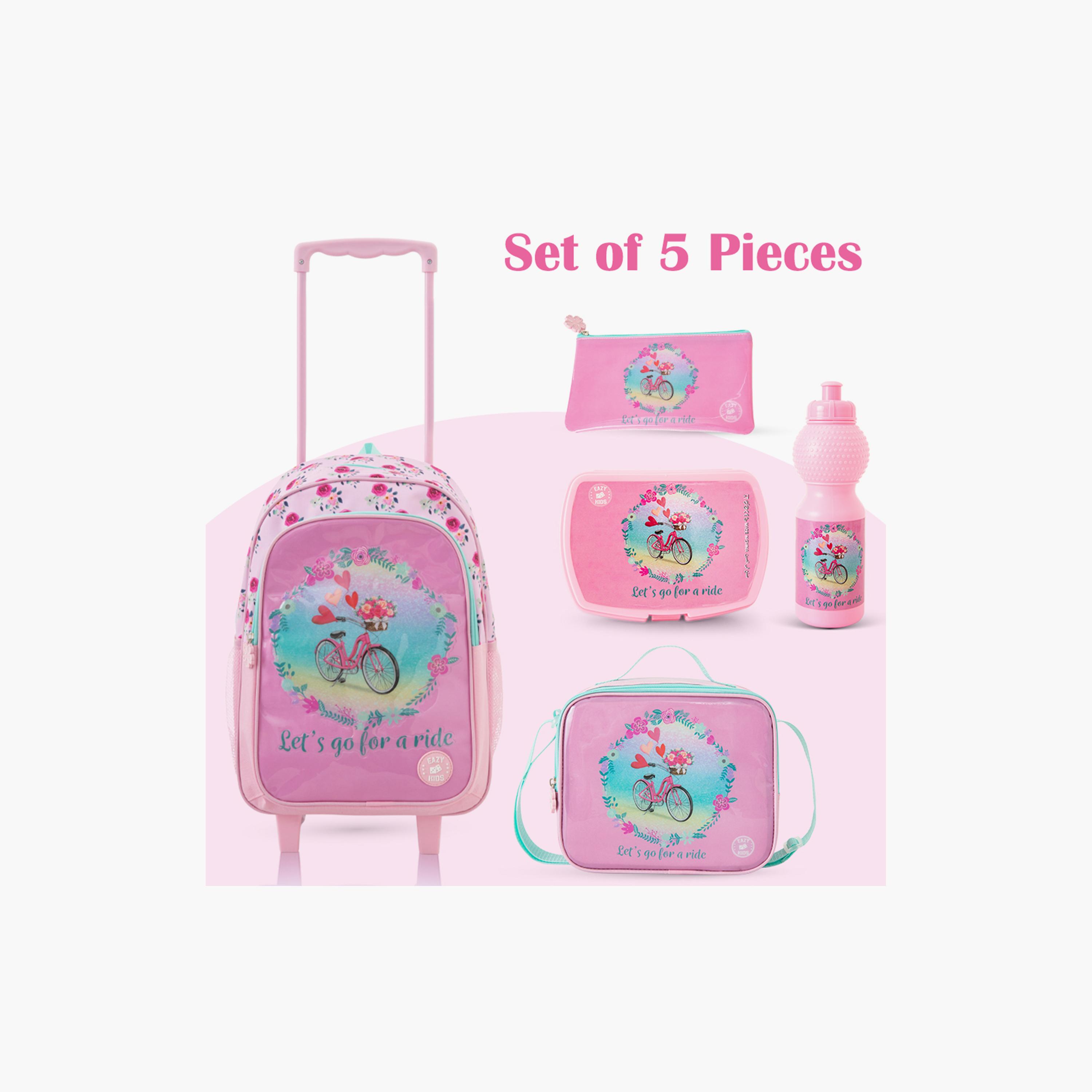 Eazy Kids 5-Piece Trolley School Bag Set with Wheels - Cycle Pink - 17 Inch-school-bagsandbackpacks-backpacks-image-6