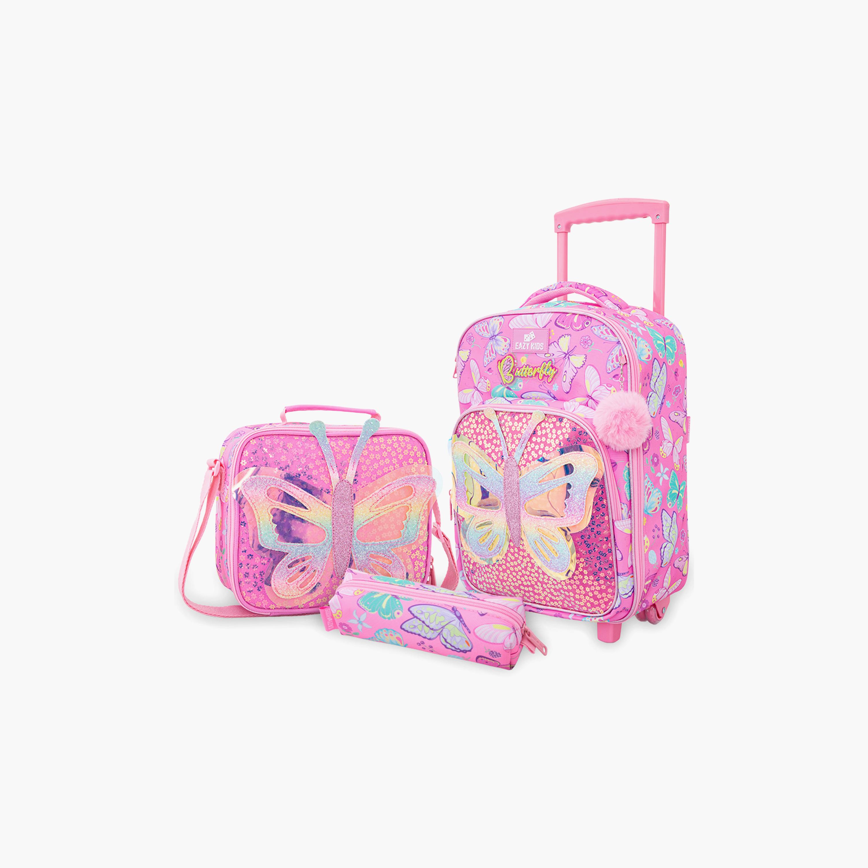 Eazy Kids 3-Piece Trolley School Bag with Lunch Bag & Pencil Case - Butterfly - Pink - 17 Inch-school-bagsandbackpacks-backpacks-image-1