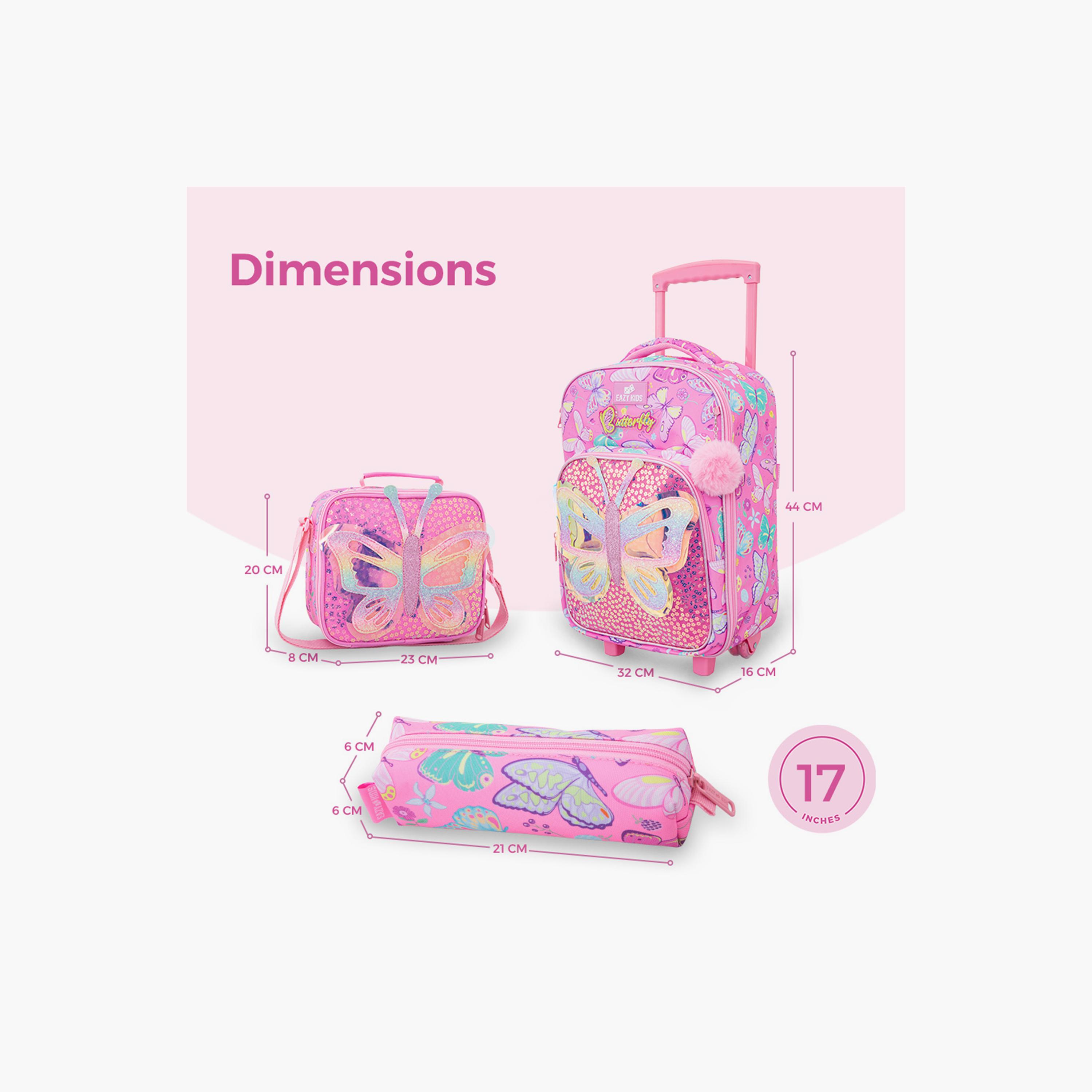 Eazy Kids 3-Piece Trolley School Bag with Lunch Bag & Pencil Case - Butterfly - Pink - 17 Inch-school-bagsandbackpacks-backpacks-image-10