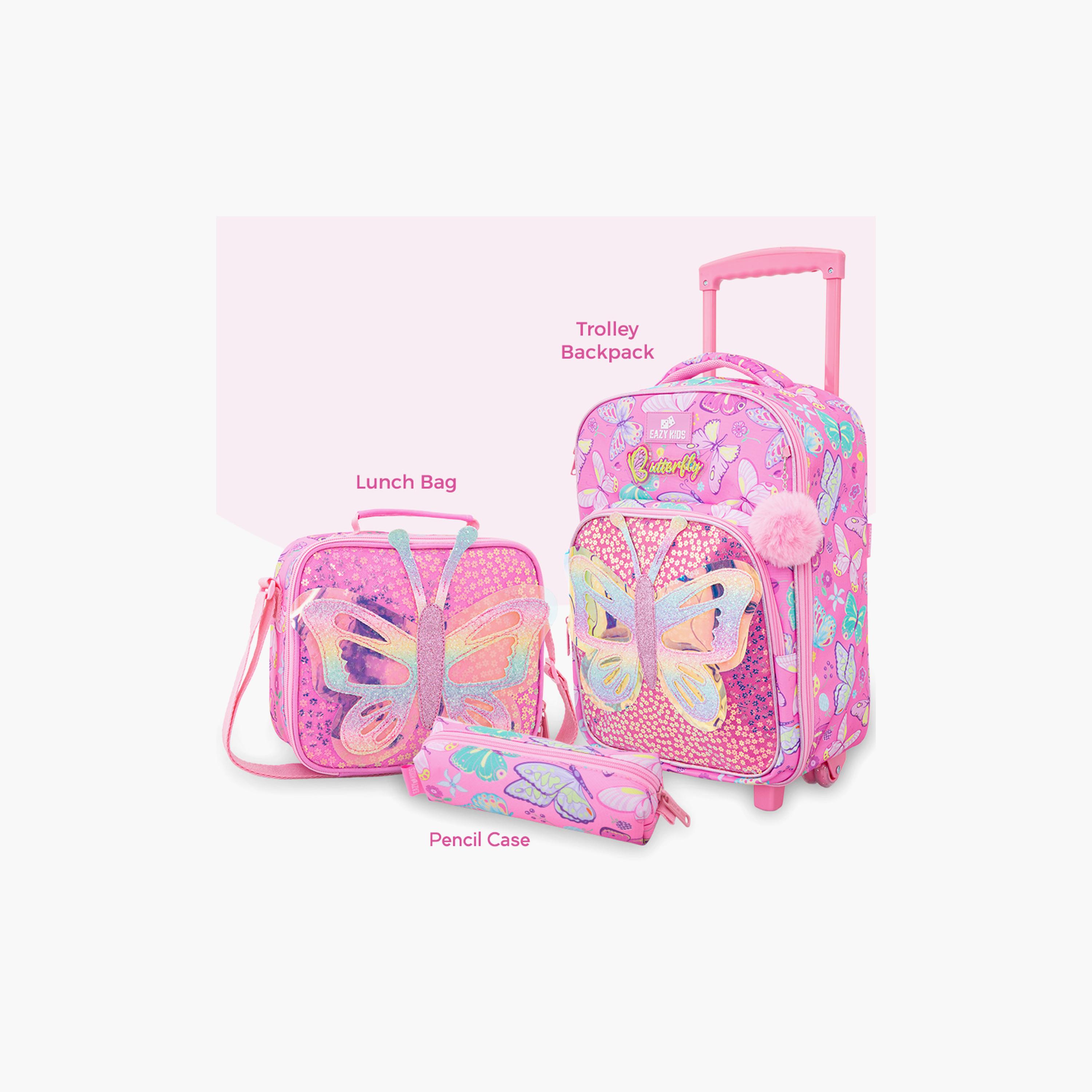 Eazy Kids 3-Piece Trolley School Bag with Lunch Bag & Pencil Case - Butterfly - Pink - 17 Inch-school-bagsandbackpacks-backpacks-image-4