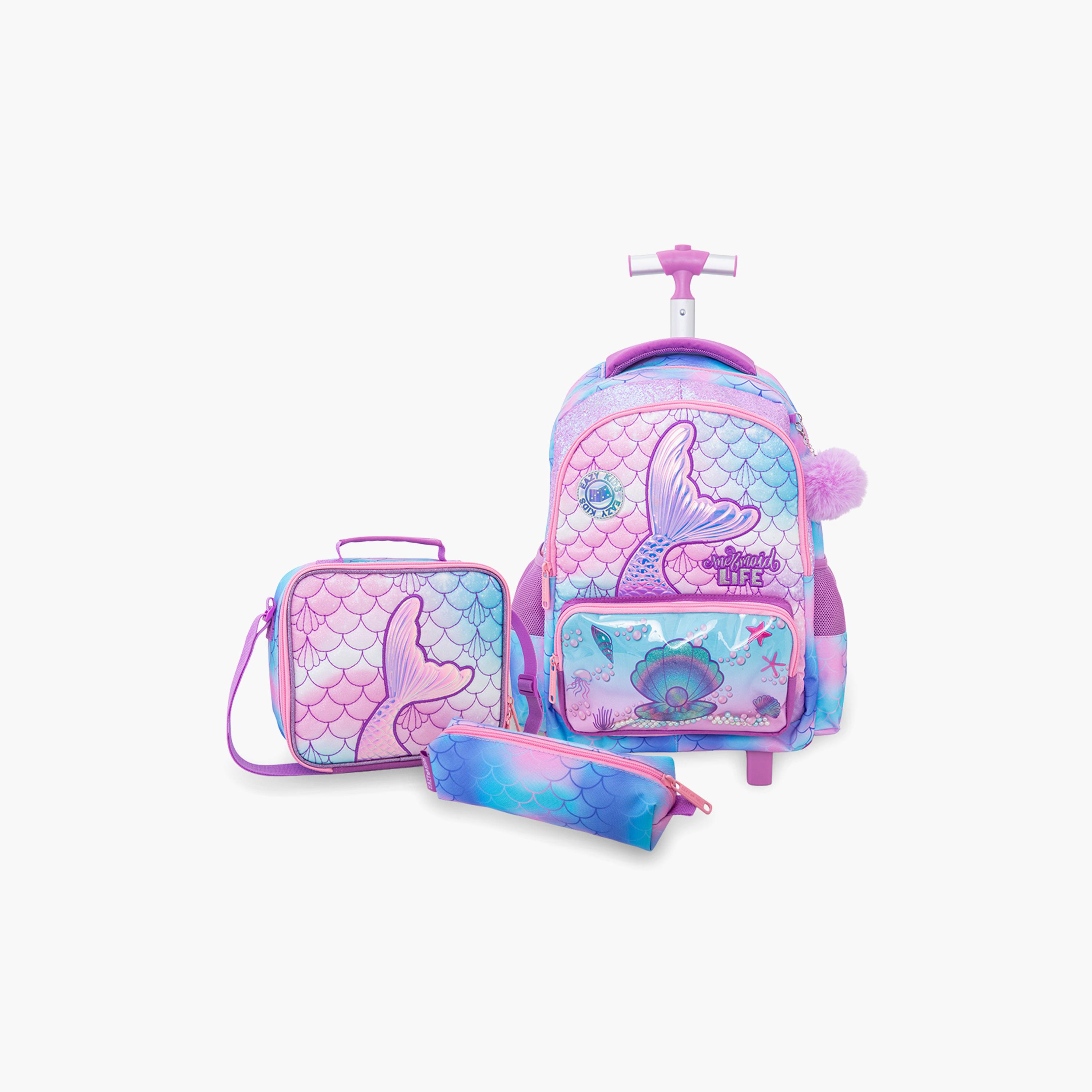Eazy Kids 3-Piece Trolley School Bag with Lunch Bag & Pencil Case - Mermaid - Pink - 17 Inch-school-bagsandbackpacks-backpacks-image-1