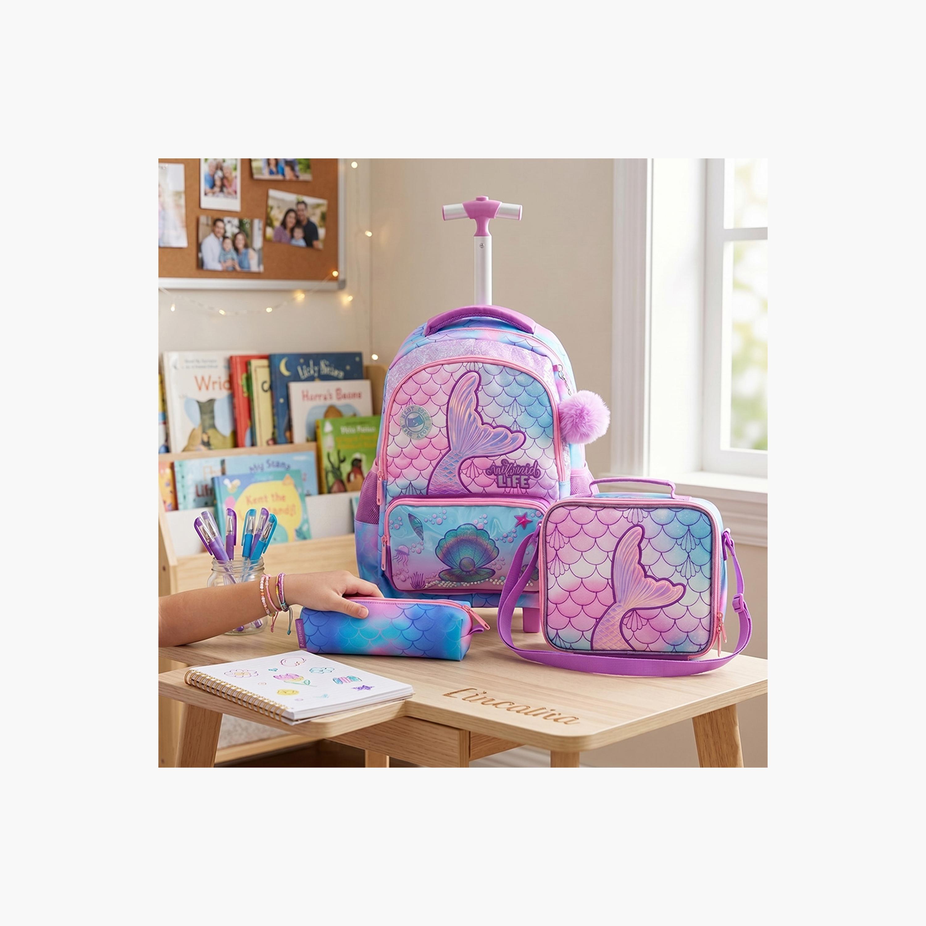 Eazy Kids 3-Piece Trolley School Bag with Lunch Bag & Pencil Case - Mermaid - Pink - 17 Inch-school-bagsandbackpacks-backpacks-image-10