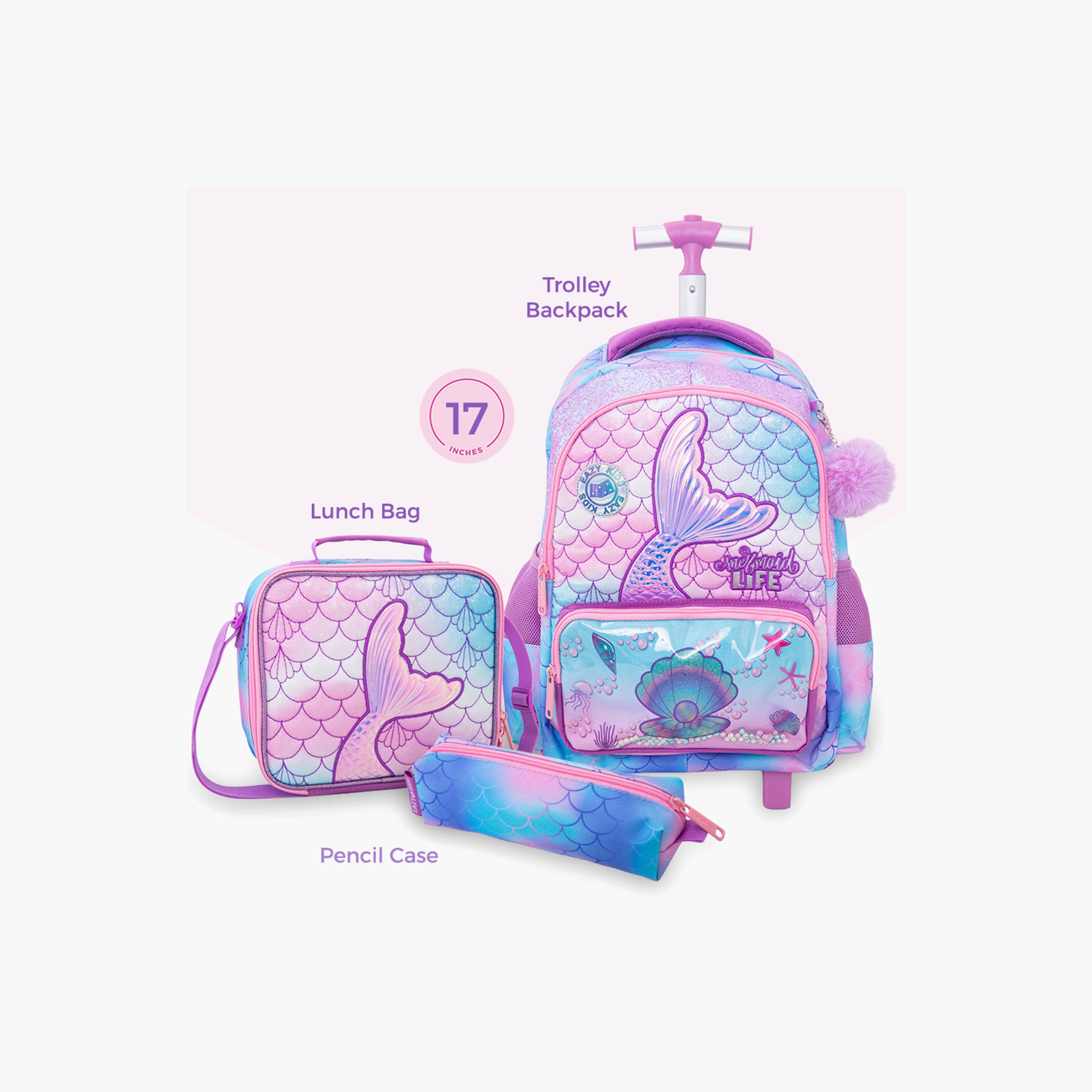 Eazy Kids 3-Piece Trolley School Bag with Lunch Bag & Pencil Case - Mermaid - Pink - 17 Inch-school-bagsandbackpacks-backpacks-image-2