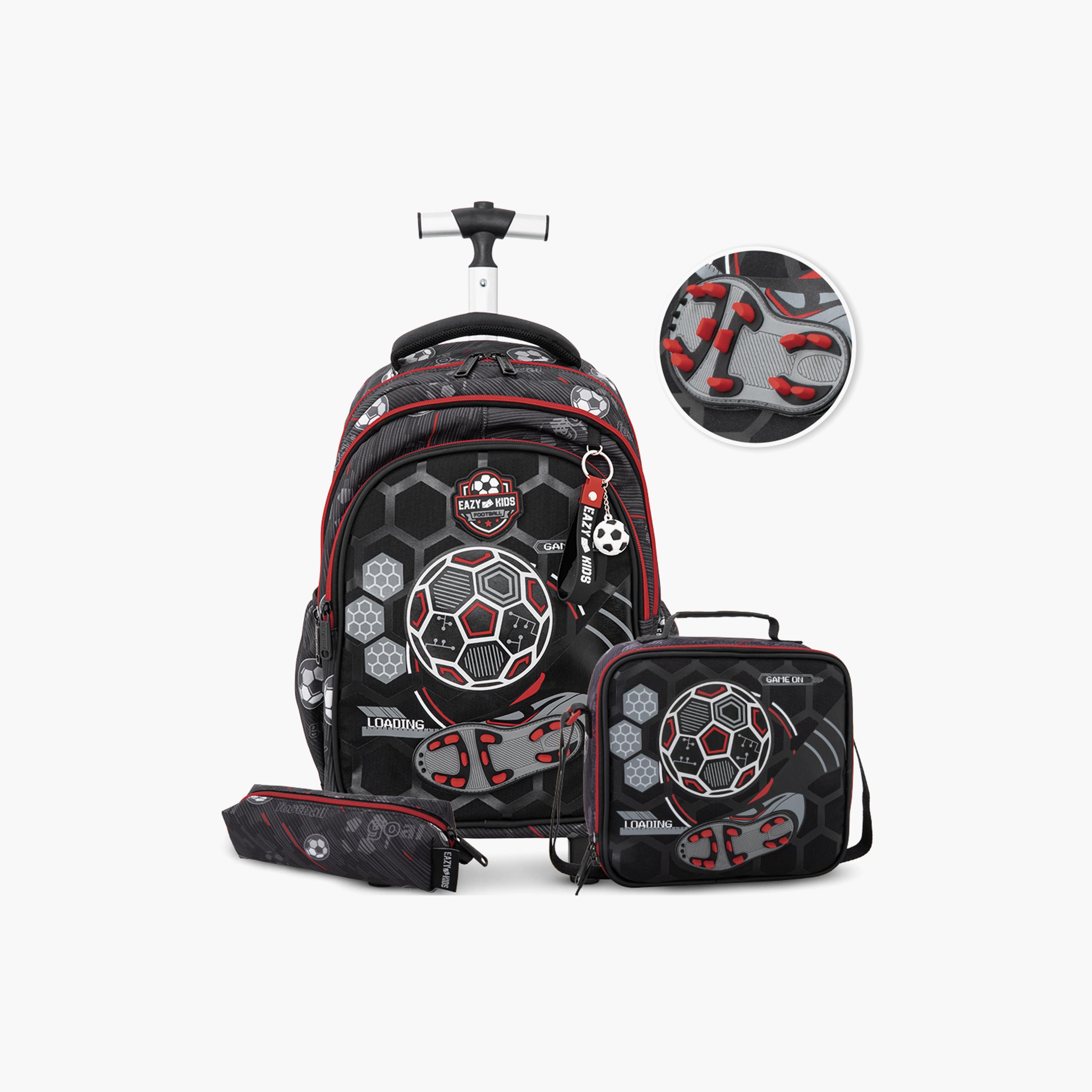 Eazy Kids 3-Piece Trolley School Bag with Lunch Bag & Pencil Case - Football - Black - 17 Inch-school-bagsandbackpacks-backpacks-image-1
