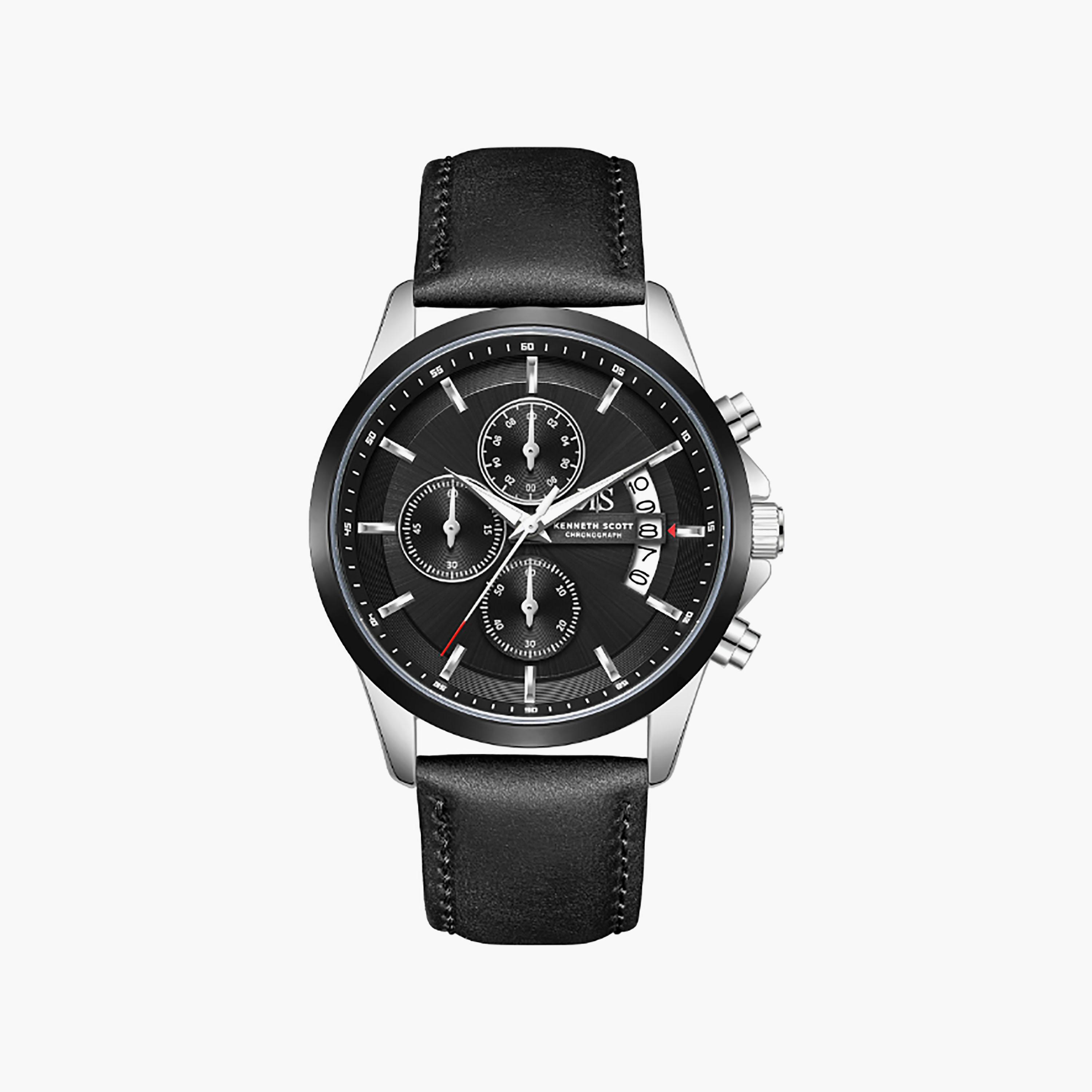 Kenneth Scott Men's 42 MM Chronograph Black Dial Leather Strap | K26106-BLBB-men-watchesandjewellery-watches-image-1