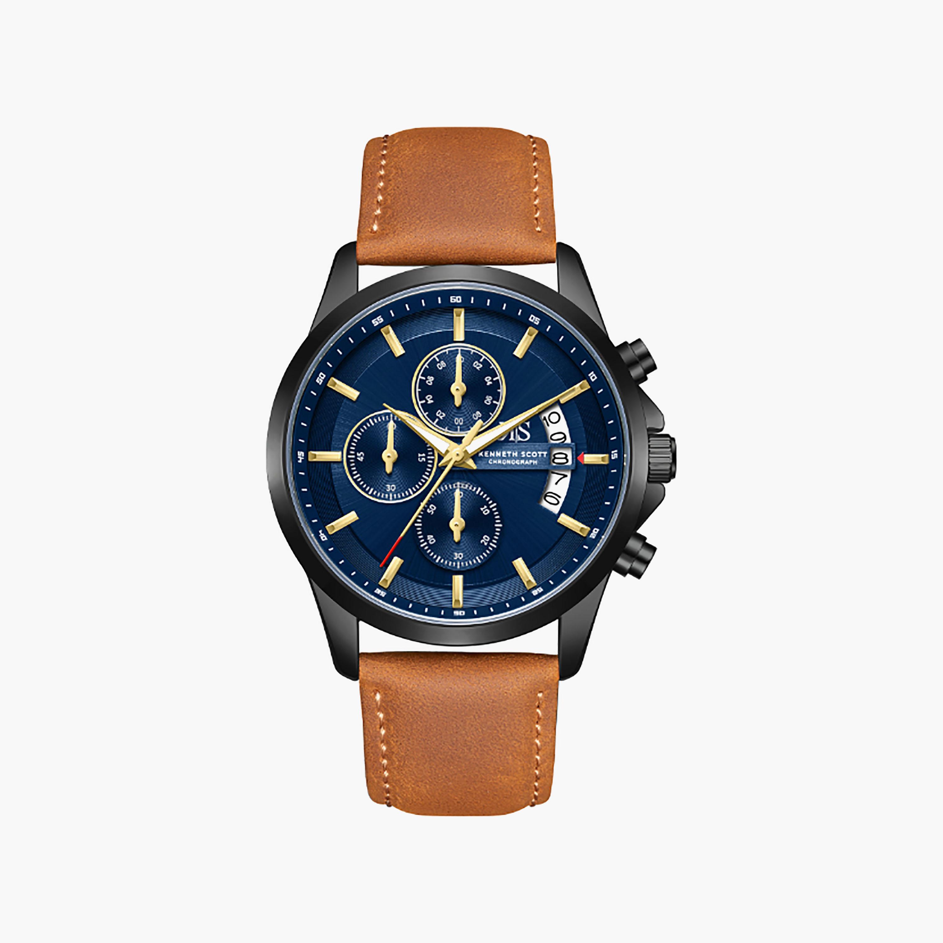 Kenneth Scott Men's 42 MM Chronograph Blue Dial Leather Strap | K26106-BLDN-men-watchesandjewellery-watches-image-1