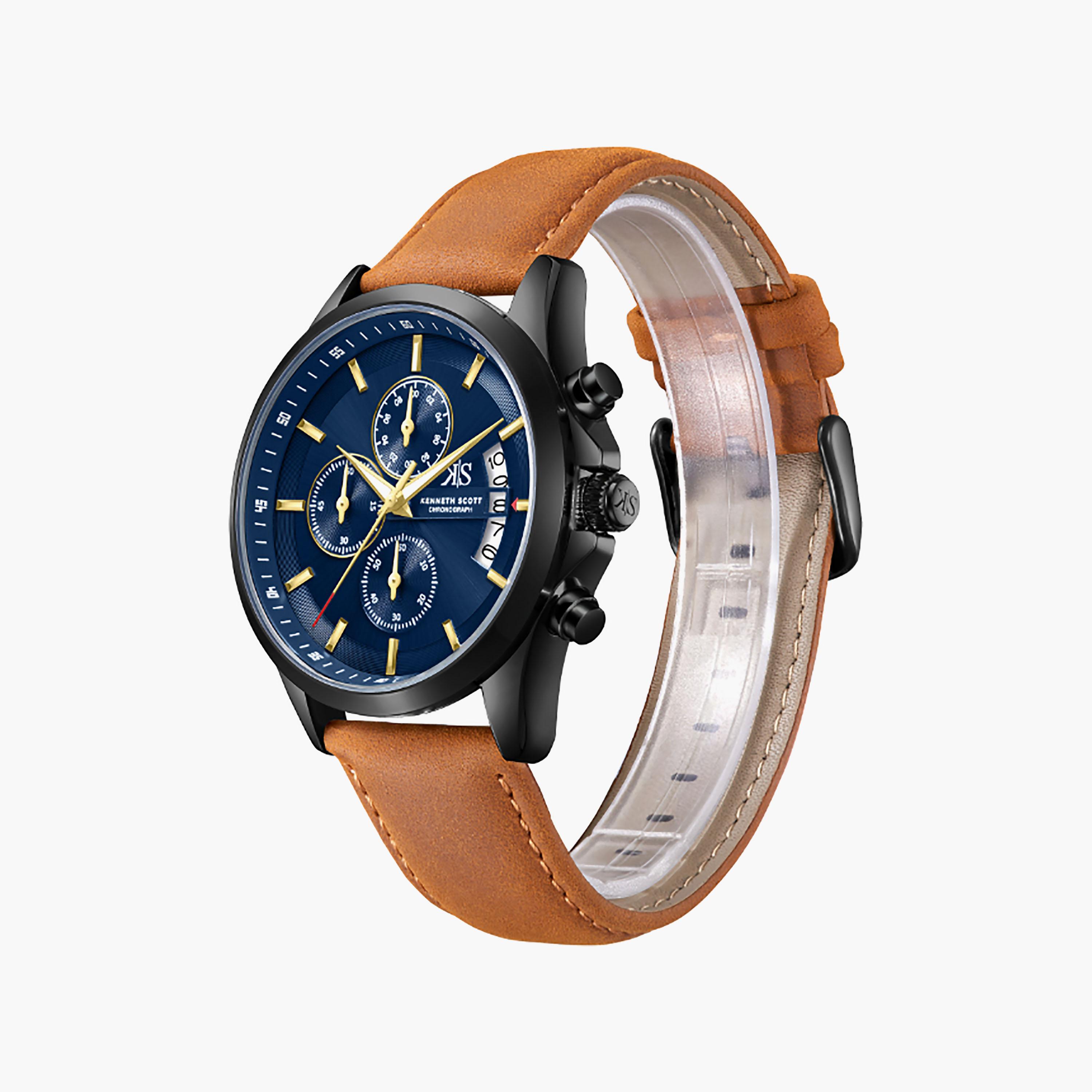 Kenneth Scott Men's 42 MM Chronograph Blue Dial Leather Strap | K26106-BLDN-men-watchesandjewellery-watches-image-2
