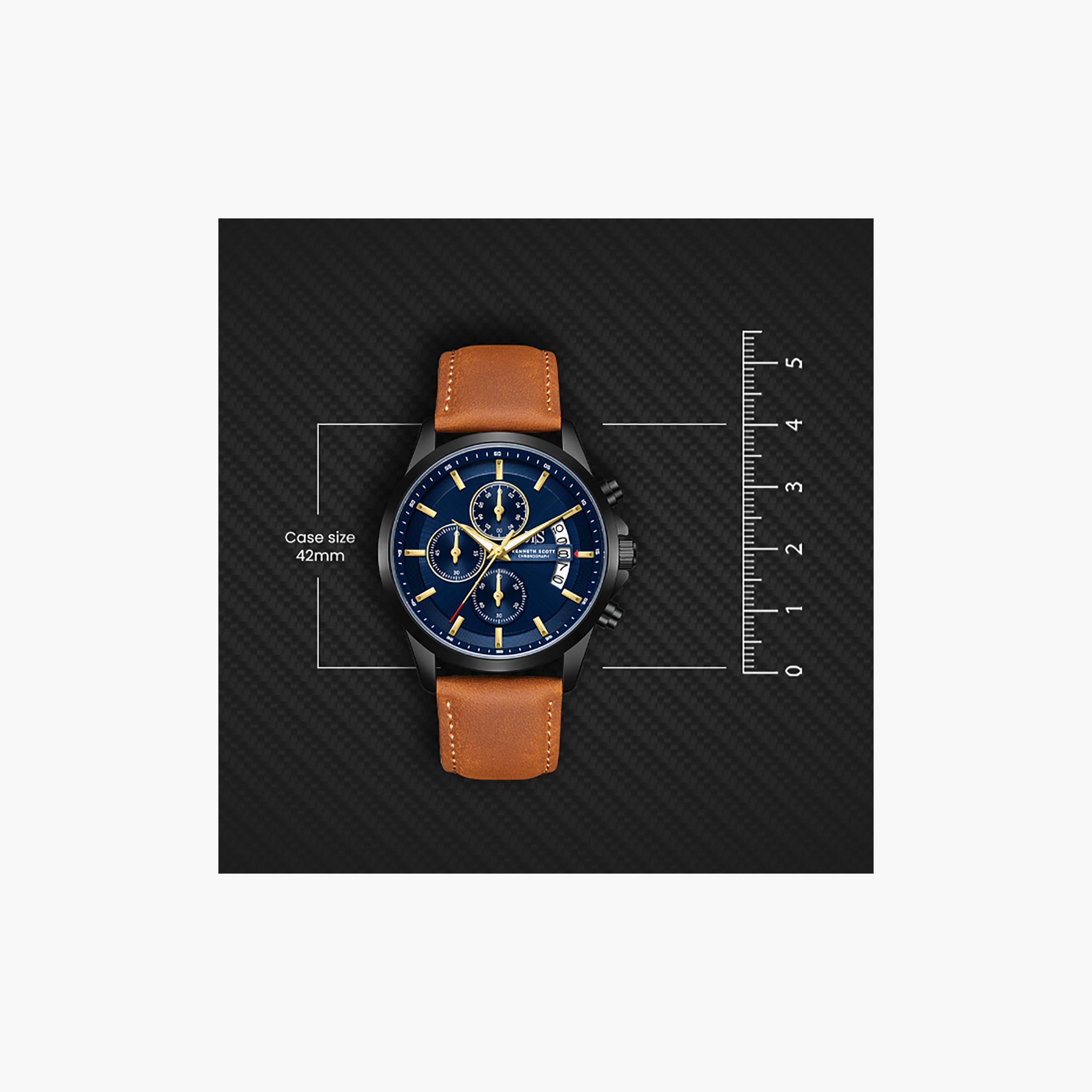 Kenneth Scott Men's 42 MM Chronograph Blue Dial Leather Strap | K26106-BLDN-men-watchesandjewellery-watches-image-4