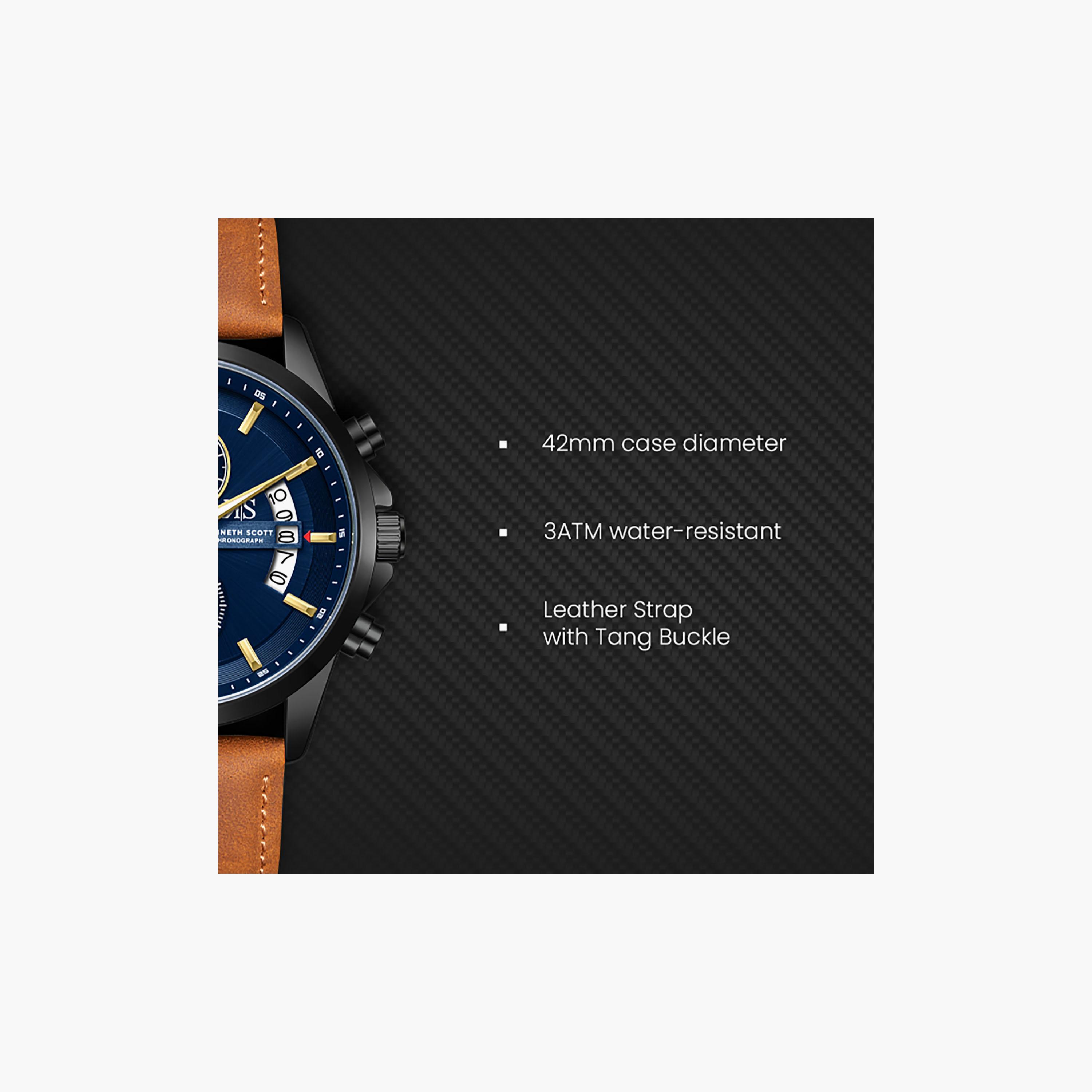 Kenneth Scott Men's 42 MM Chronograph Blue Dial Leather Strap | K26106-BLDN-men-watchesandjewellery-watches-image-7