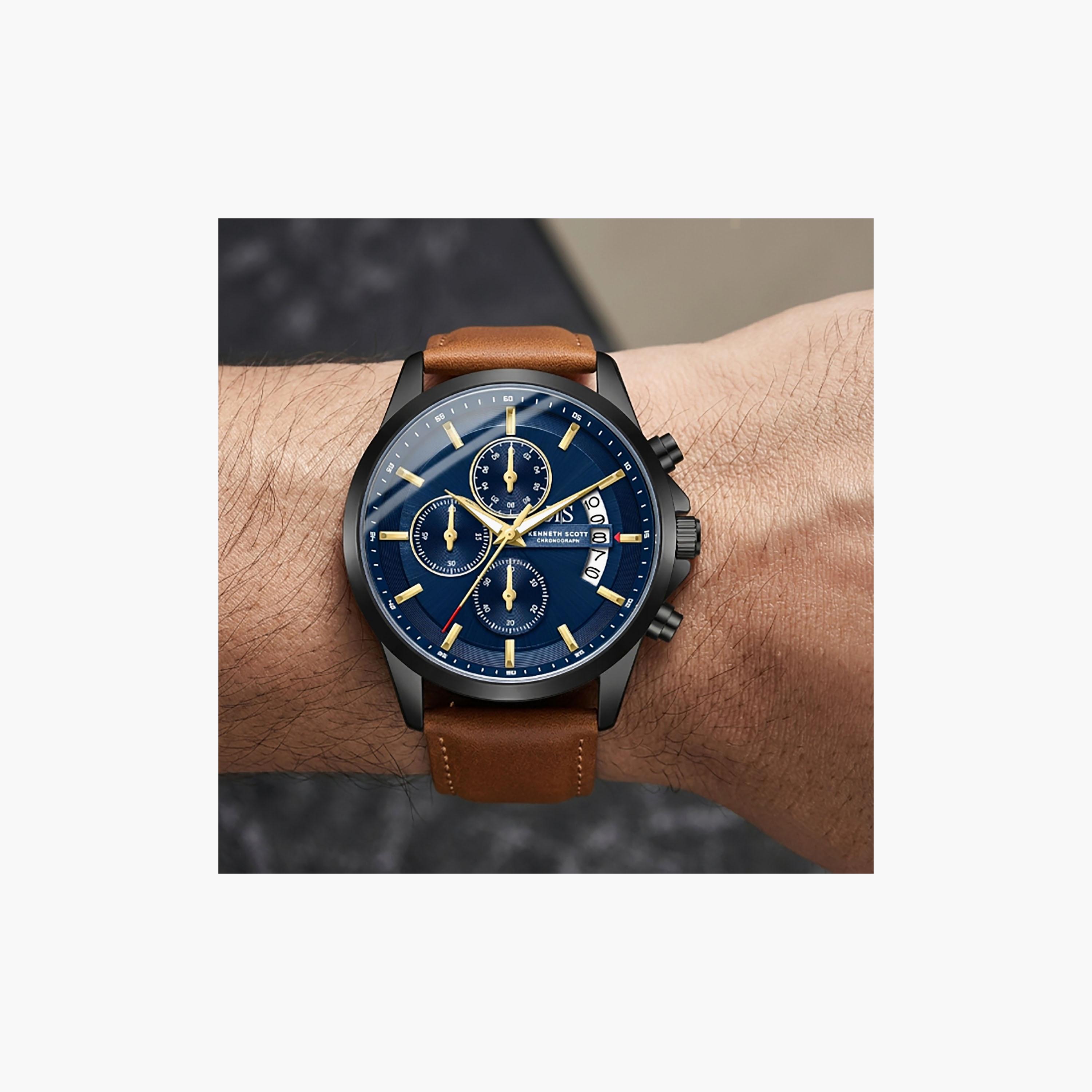 Kenneth Scott Men's 42 MM Chronograph Blue Dial Leather Strap | K26106-BLDN-men-watchesandjewellery-watches-image-8