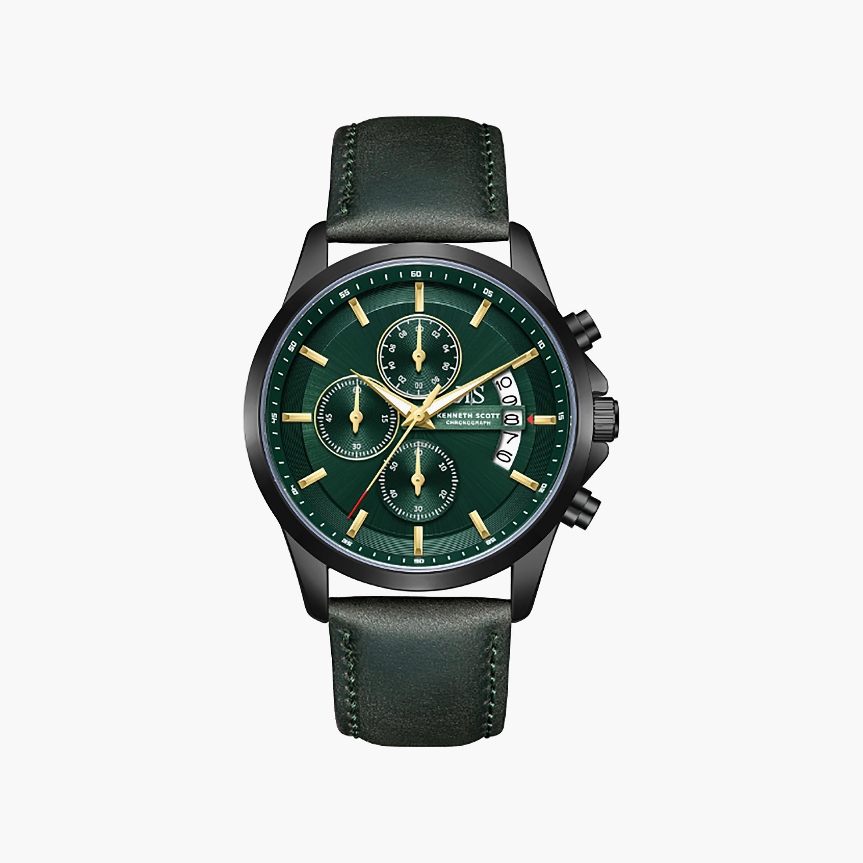 Kenneth Scott Men's 42 MM Chronograph Green Dial Leather Strap | K26106-BLHH-men-watchesandjewellery-watches-image-1