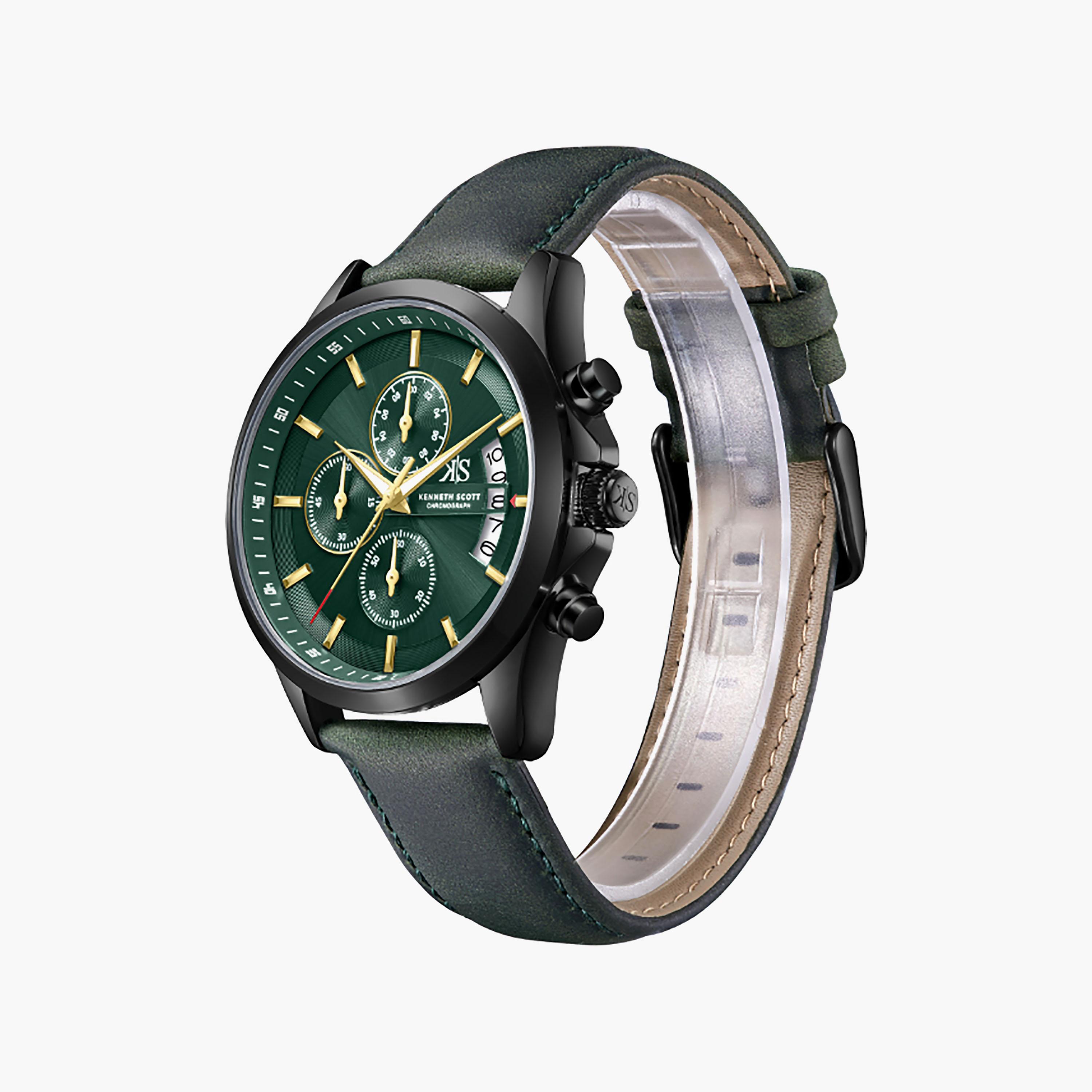 Kenneth Scott Men's 42 MM Chronograph Green Dial Leather Strap | K26106-BLHH-men-watchesandjewellery-watches-image-2