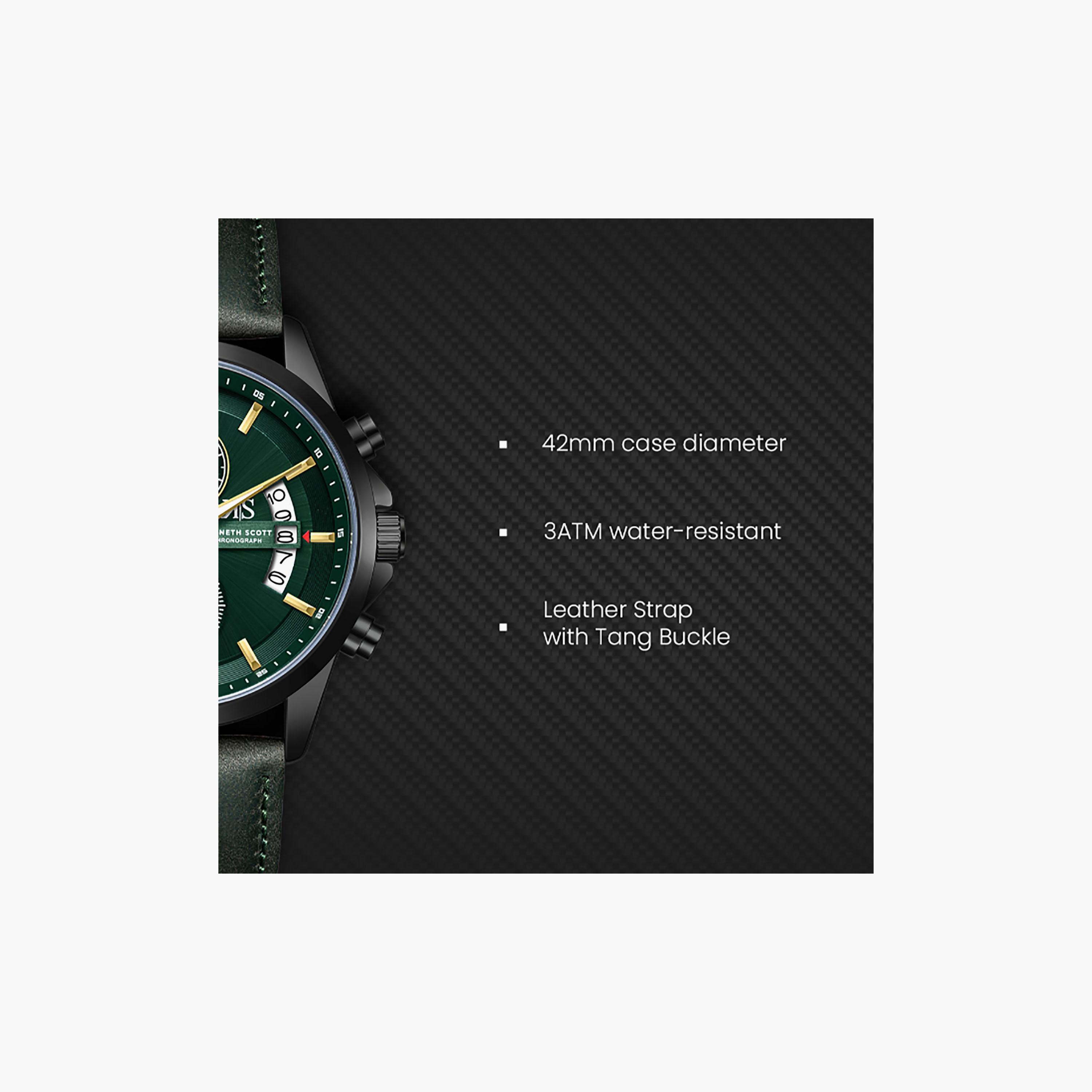 Kenneth Scott Men's 42 MM Chronograph Green Dial Leather Strap | K26106-BLHH-men-watchesandjewellery-watches-image-7