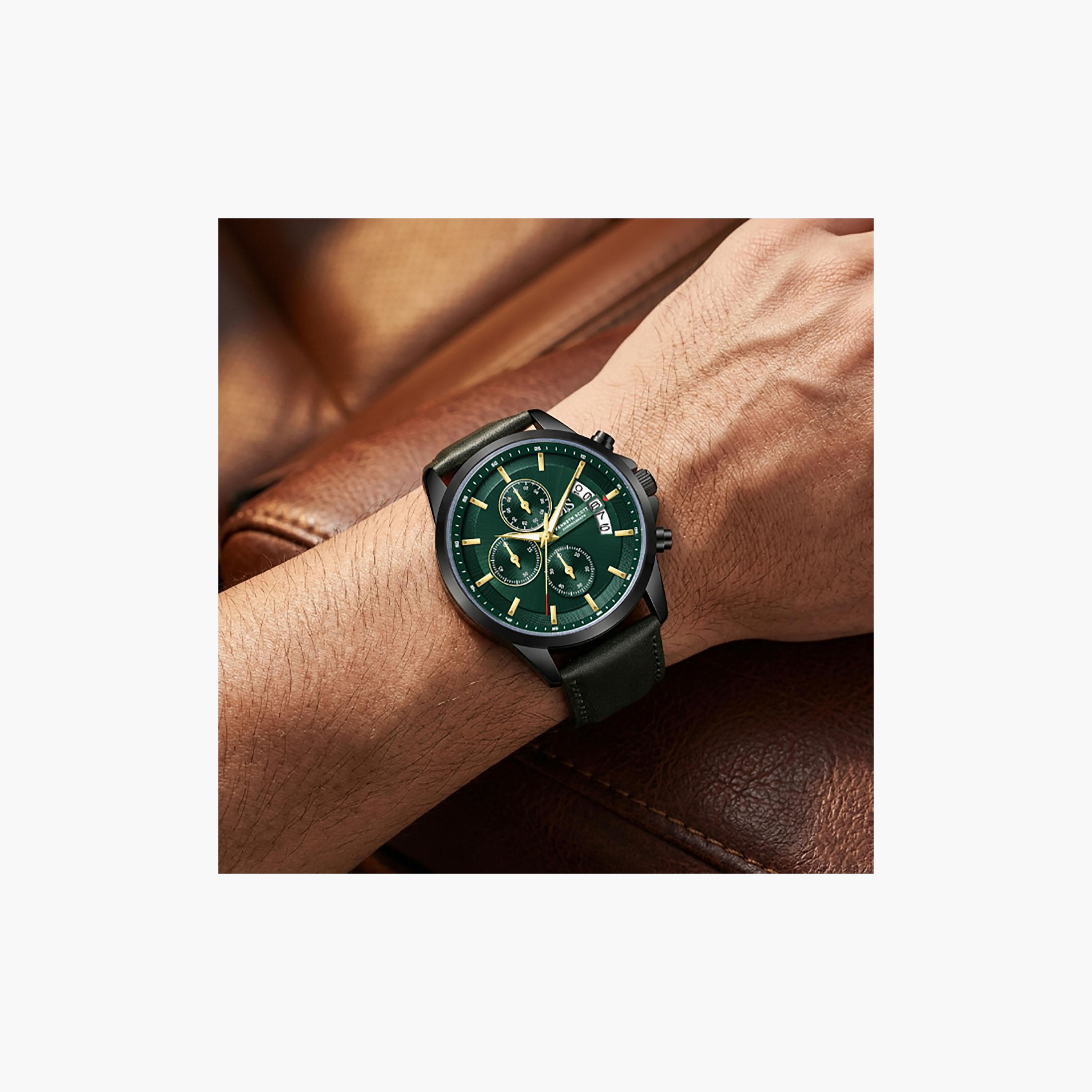 Kenneth Scott Men's 42 MM Chronograph Green Dial Leather Strap | K26106-BLHH-men-watchesandjewellery-watches-image-8