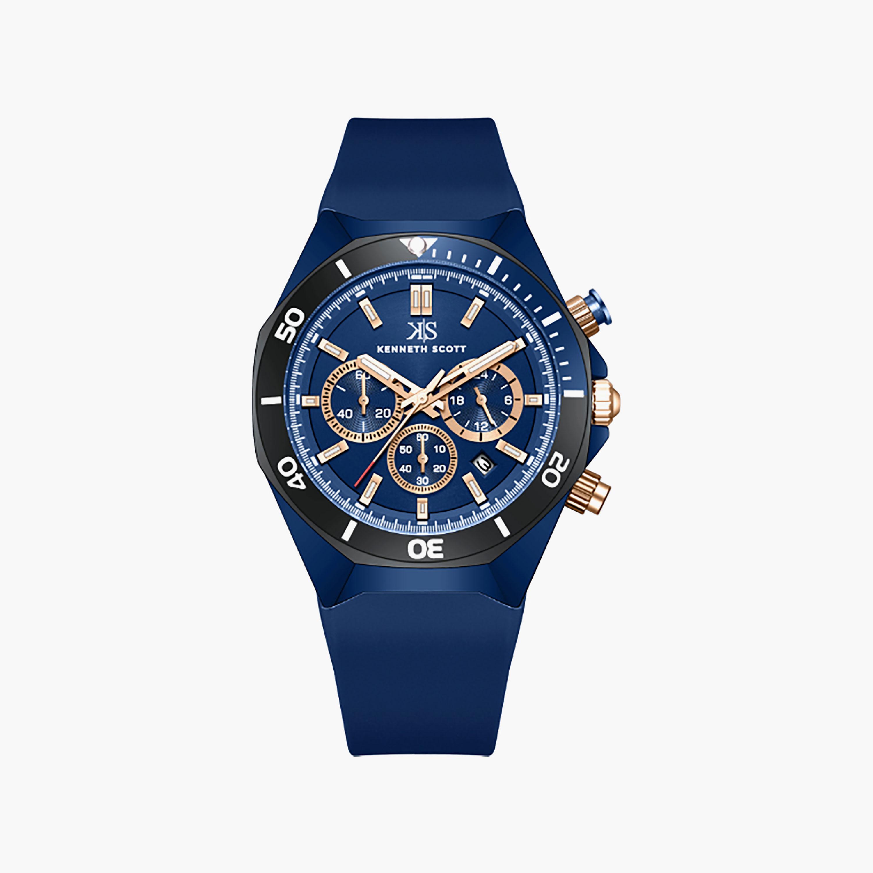 Kenneth Scott Men's 43 MM Chronograph Blue Dial Silicone Strap | K26116-NSNN-men-watchesandjewellery-watches-image-1