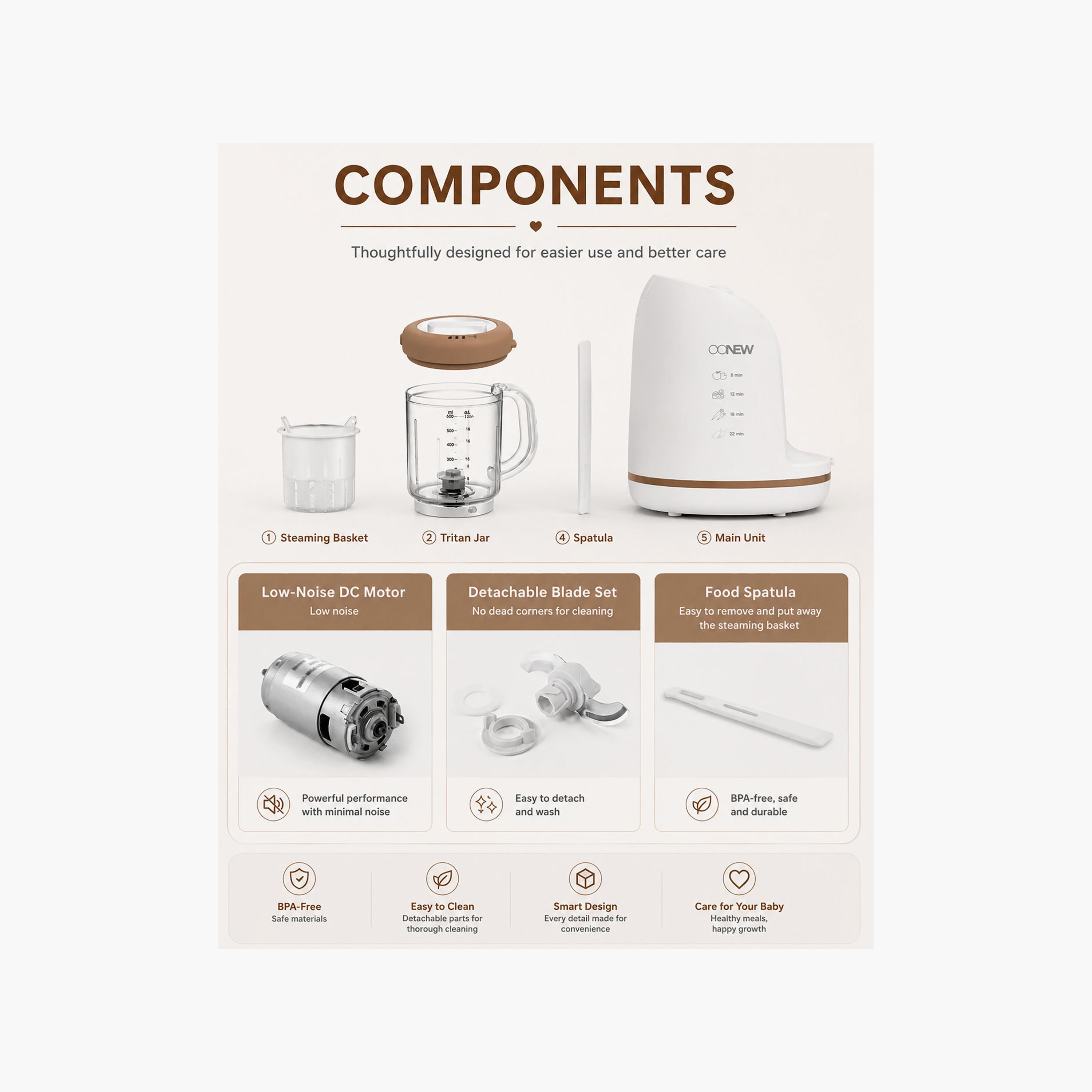 محضر طعام ومطحنة وطهي بالبخار للأطفال رقمي 5 في 1 مع وعاء تريتان من أونيو-baby-feeding-babyfoodprocessors-image-5