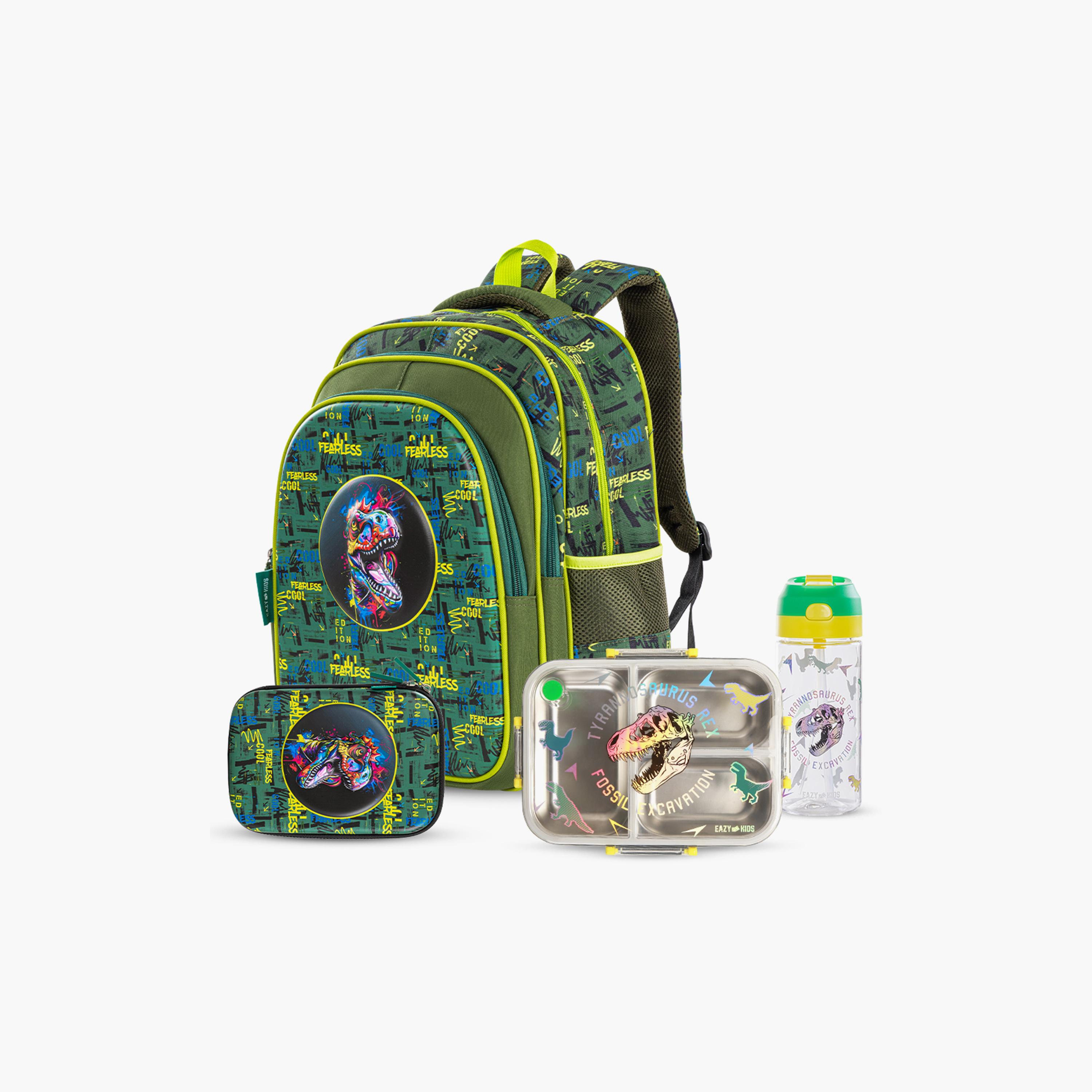 Eazy Kids Dino School Bag & Pencil Case with Bento Lunch Box & Spray Water Bottle-school-bagsandbackpacks-sets-image-1