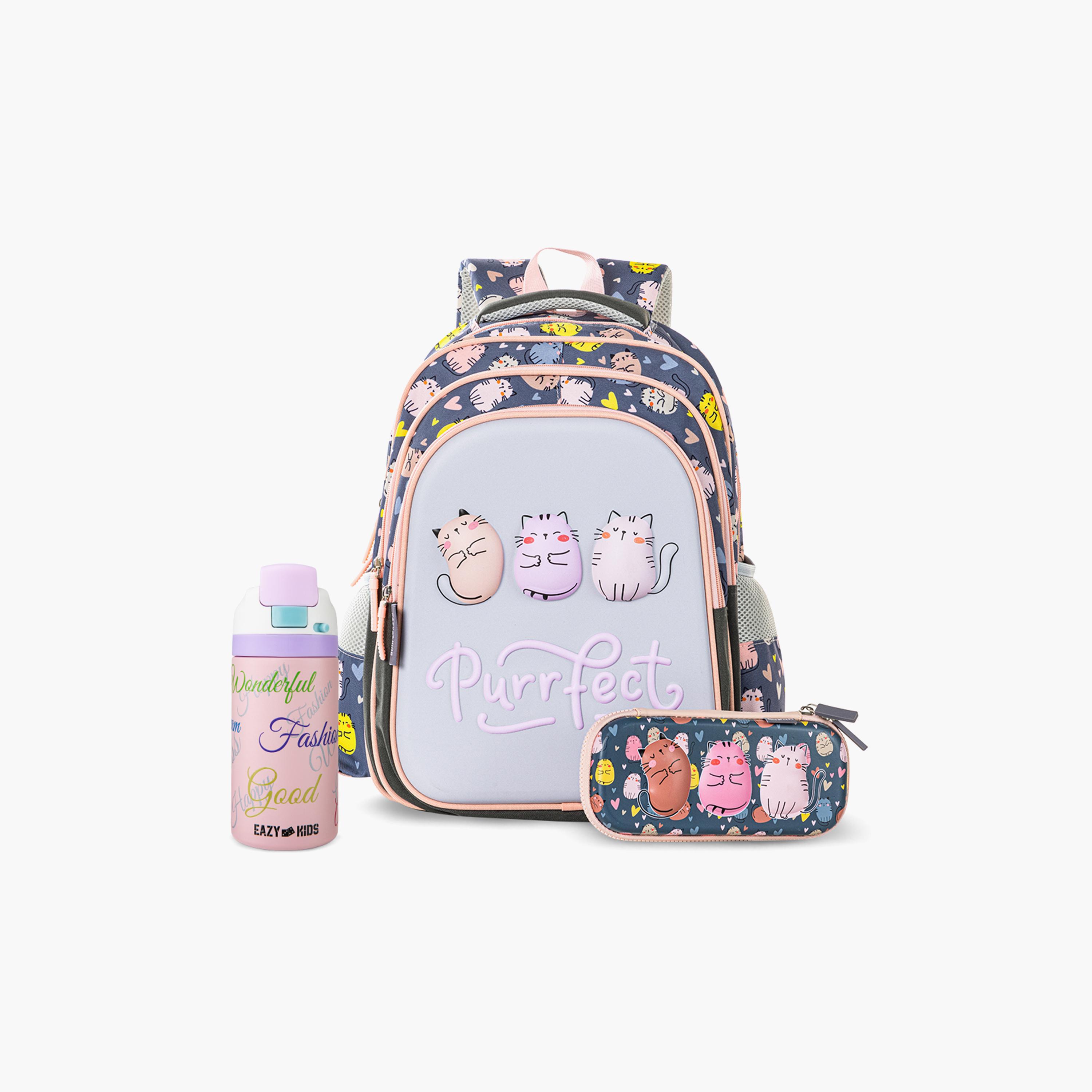 Eazy Kids Purfect School Bag & Pencil Bag with Stainless Steel Water Bottle-school-bagsandbackpacks-sets-image-1