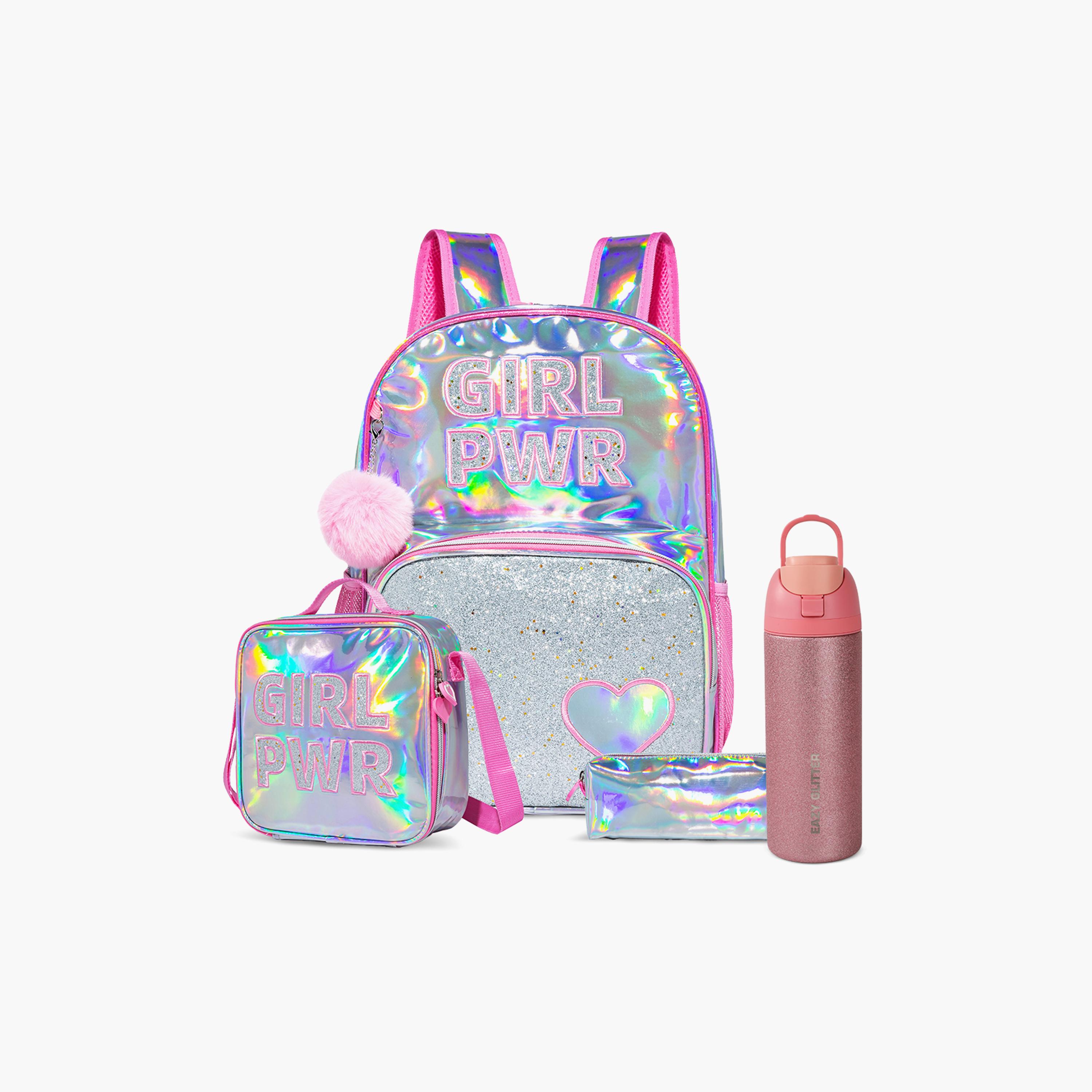 Eazy Kids Girl Power School Bag & Pencil Bag with Lunch Bag & Glitter Stainless Steel Water Bottle-school-bagsandbackpacks-sets-image-1