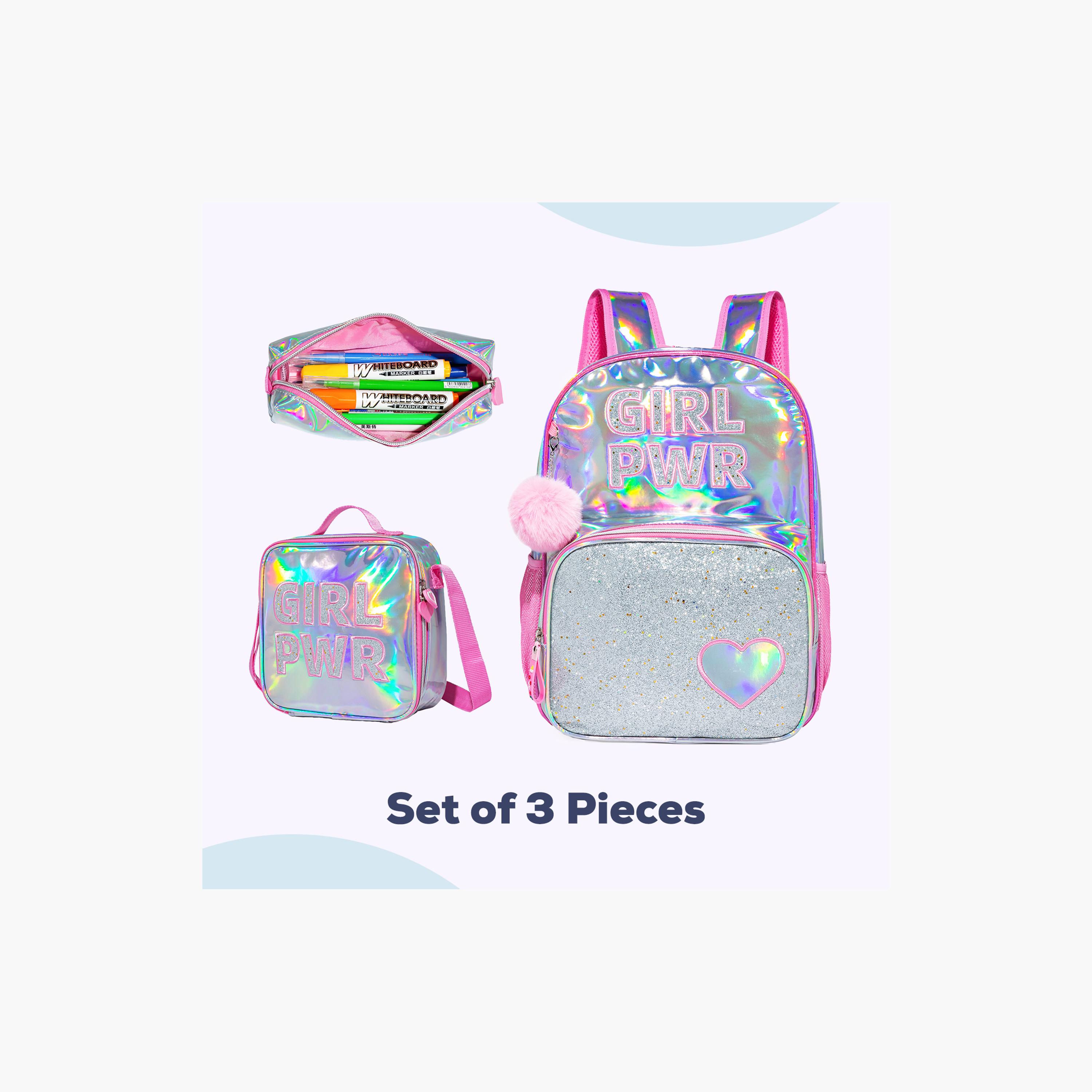 Eazy Kids Girl Power School Bag & Pencil Bag with Lunch Bag & Glitter Stainless Steel Water Bottle-school-bagsandbackpacks-sets-image-7