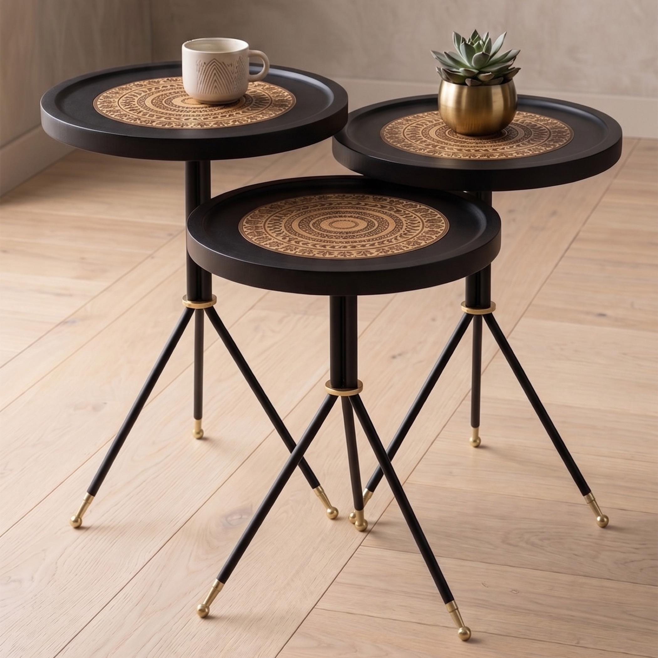 Mandala Wooden Top Nesting Table - Set of 3