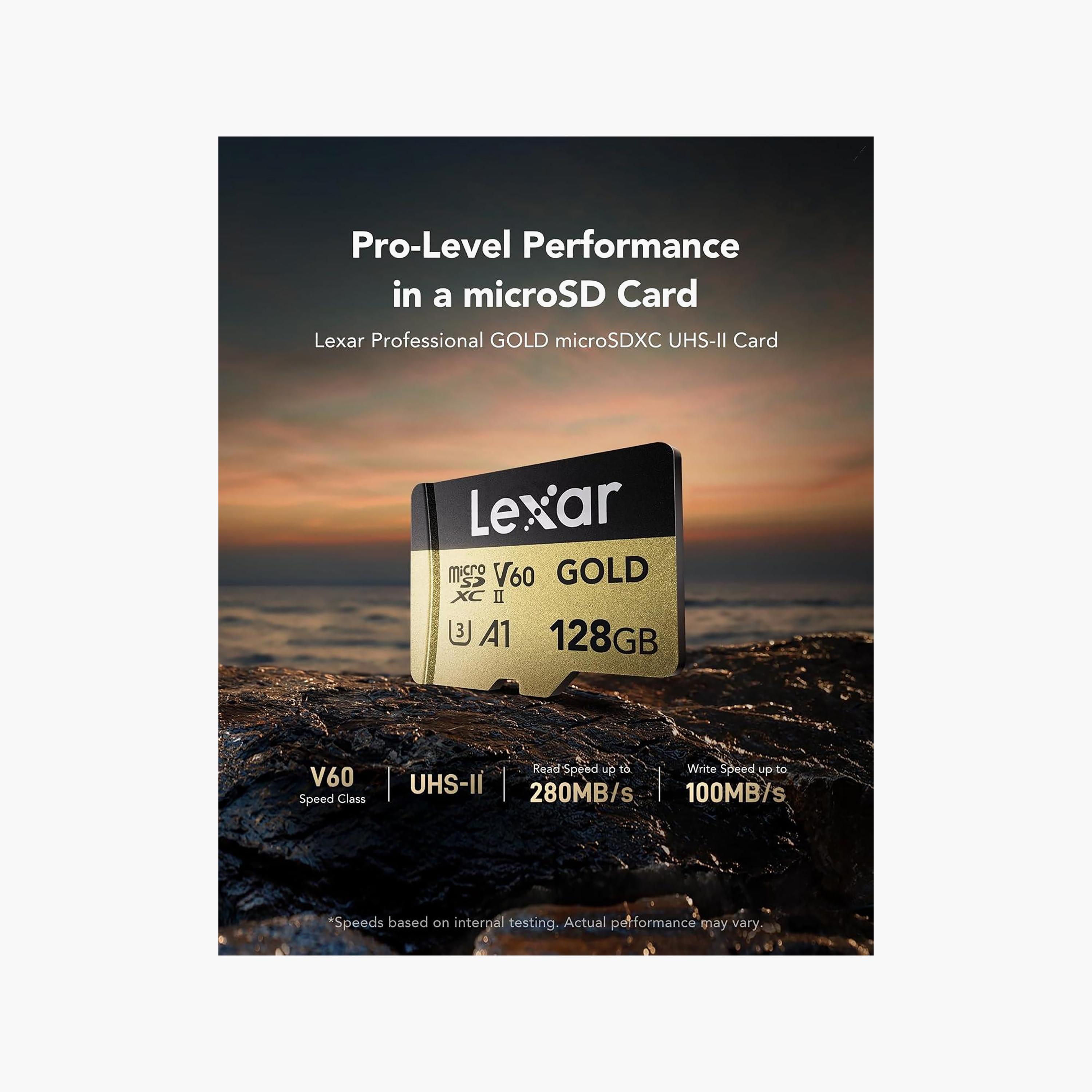 Lexar 128GB GOLD microSDXC UHS-II 280MB/s Read 100MB/s Write C10 A1 V60 U3 4K | LMSGOLD128G-BNNNG-electronics-accessories-mobileaccesories-image-2